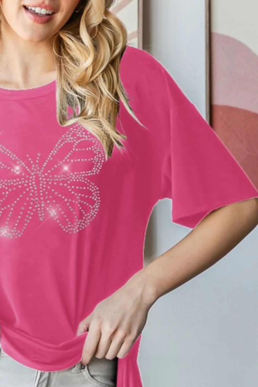 Heimish Full Size Rhinestone Butterfly Round Neck Short Sleeve T-Shirt Plus Size - Image 3
