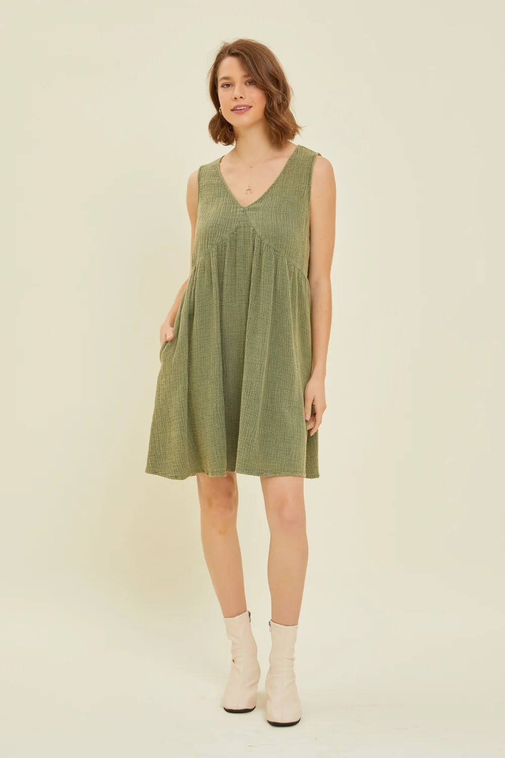 HEYSON Full Size Texture V-Neck Sleeveless Flare Mini Dress - Image 3