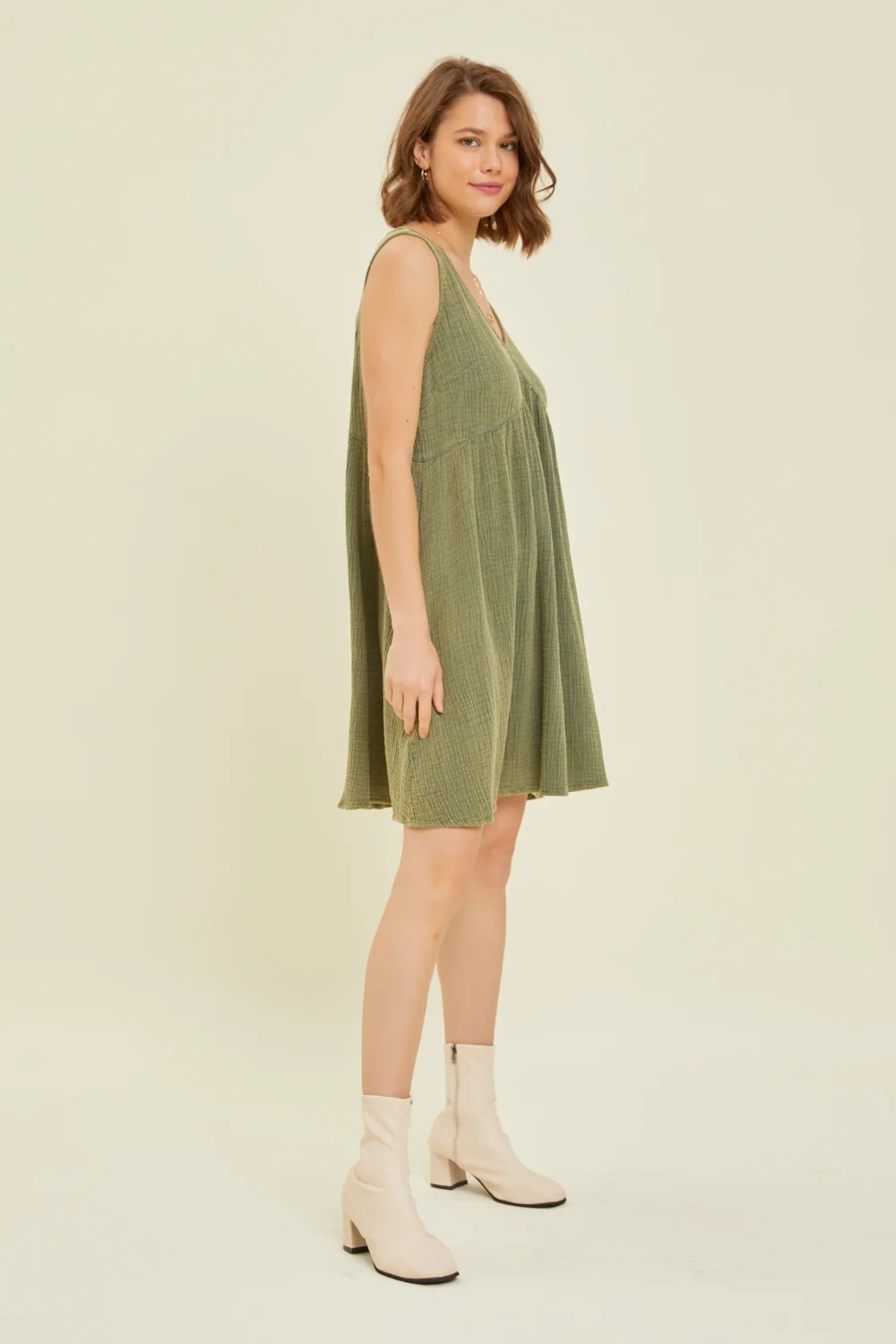 HEYSON Full Size Texture V-Neck Sleeveless Flare Mini Dress - Image 4