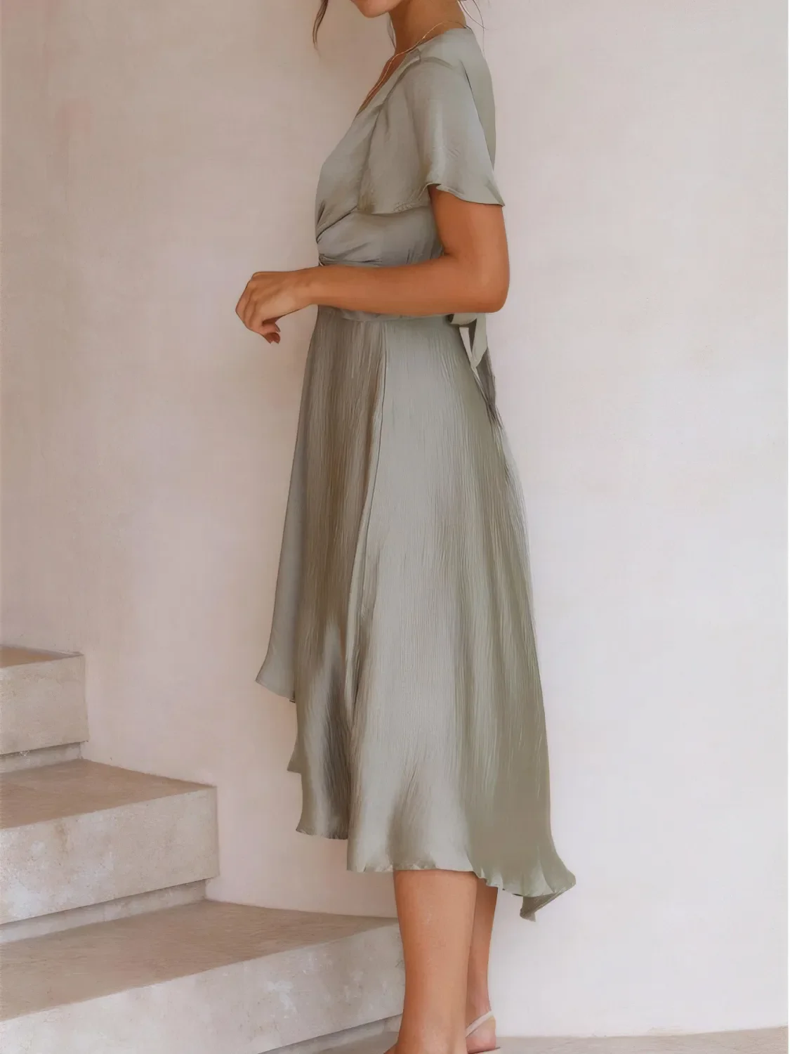 High-Low Plunge Flutter Sleeve Dress - Image 5