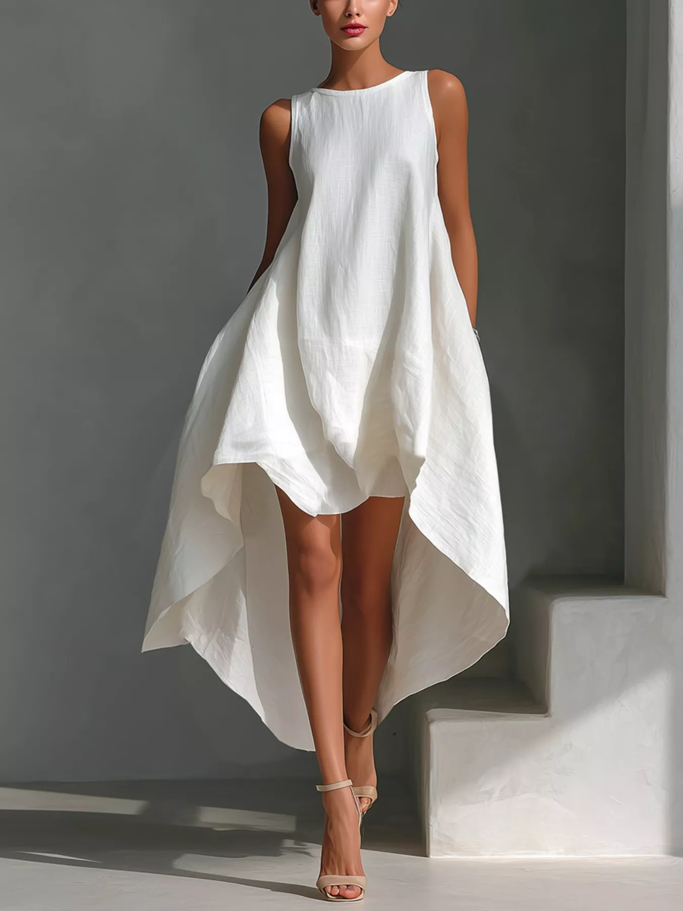 High-Low Round Neck Sleeveless Dress