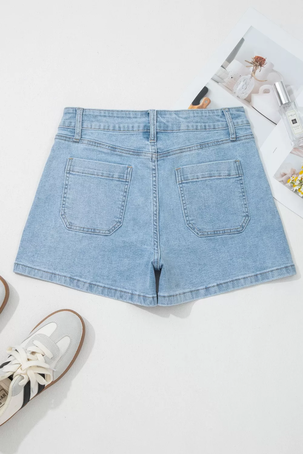 High Rise Patch Pocket Denim Shorts - Image 6