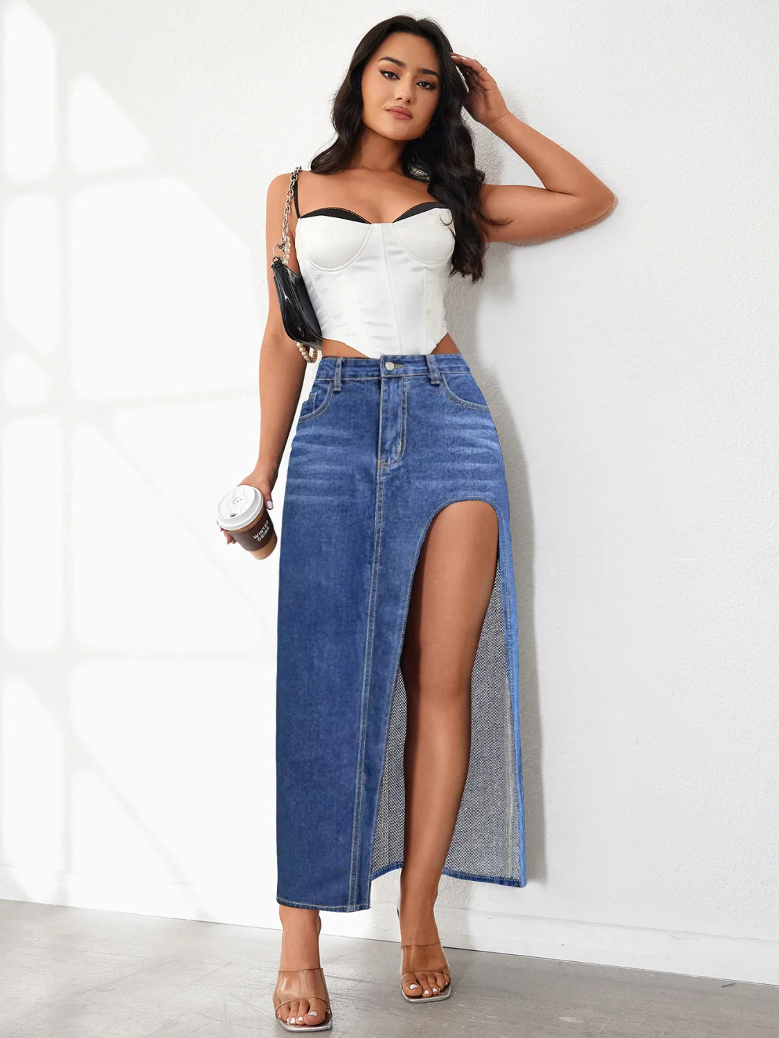 High Rise Slit Denim Skirt - Image 10