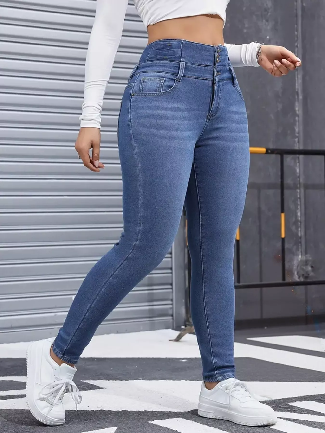 High Waist Button Fly Skinny Jeans - Image 2