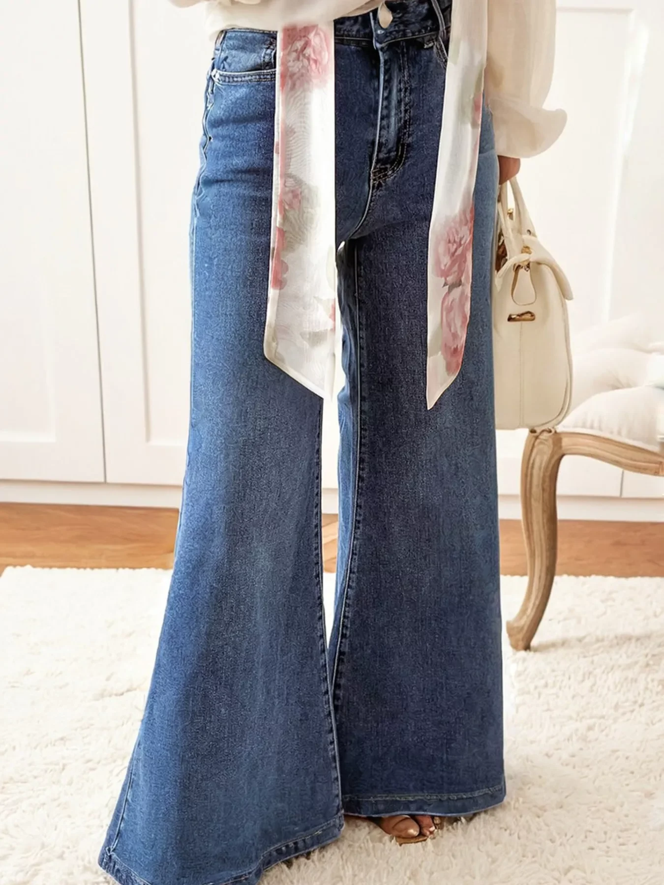 High Waist Button Zip Flare Leg Jeans - Image 2