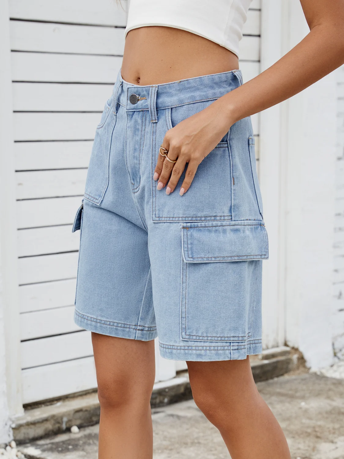 High Waist Denim Shorts with Cargo Pockets - Image 5