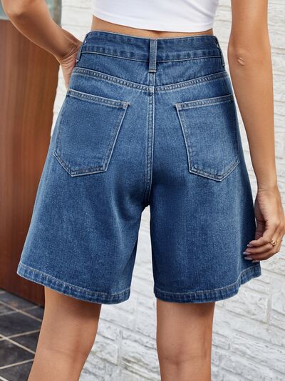 High Waist Denim Shorts with Pockets - Image 2