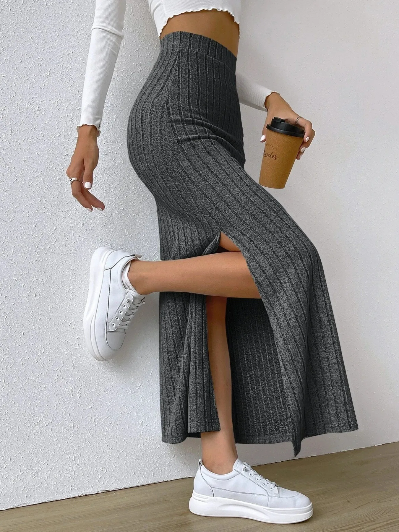 High Waist Ribbed Knit Maxi Skirt - Image 11