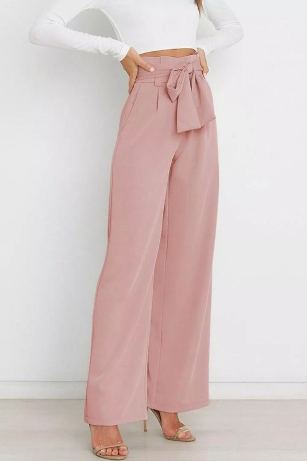 High Waist Tie Front Wide Leg Pants - Image 28