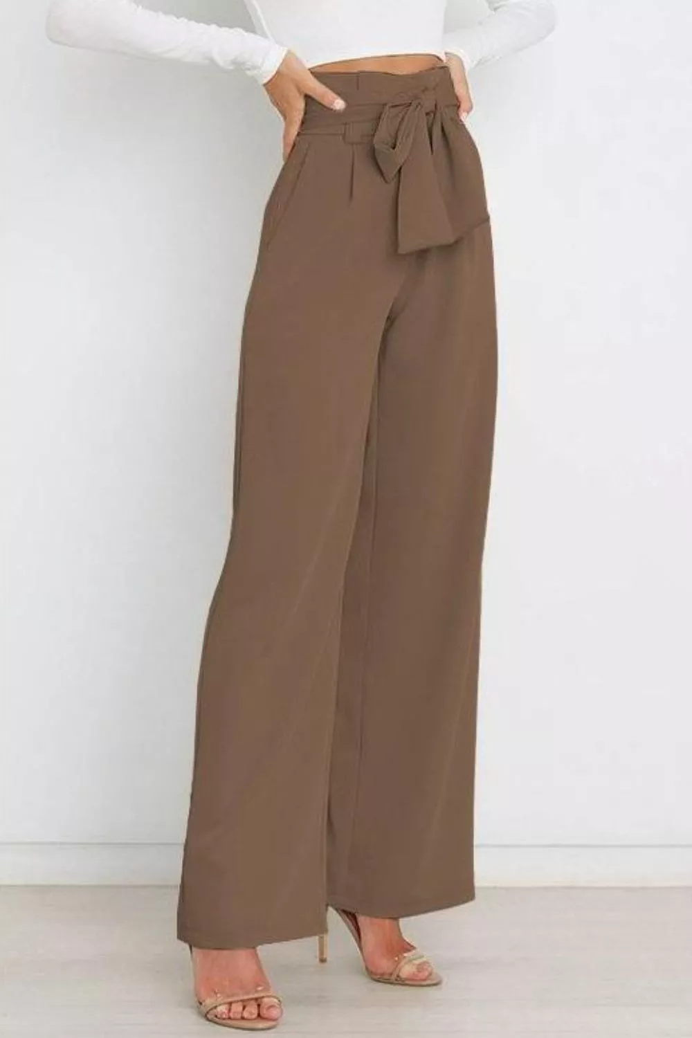 High Waist Tie Front Wide Leg Pants - Image 3