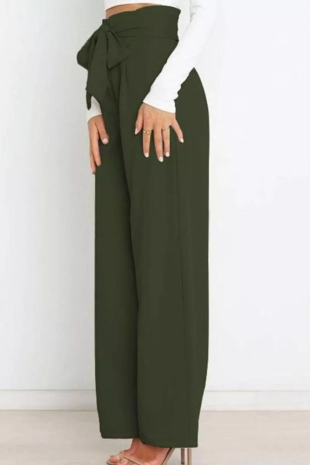 High Waist Tie Front Wide Leg Pants - Image 31