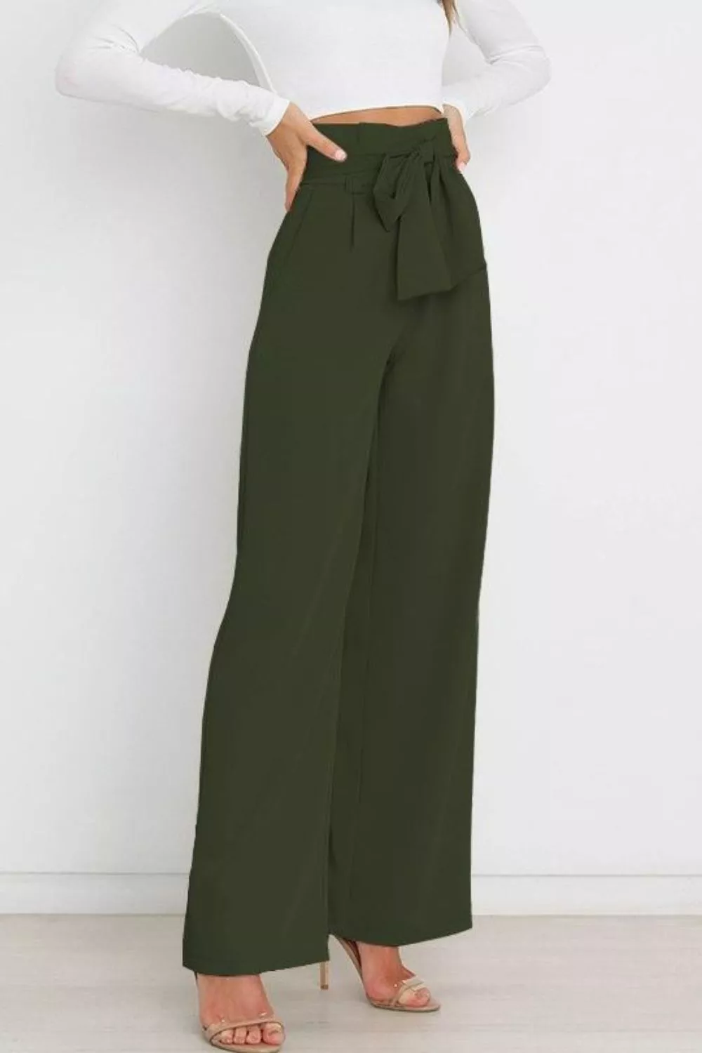 High Waist Tie Front Wide Leg Pants - Image 32