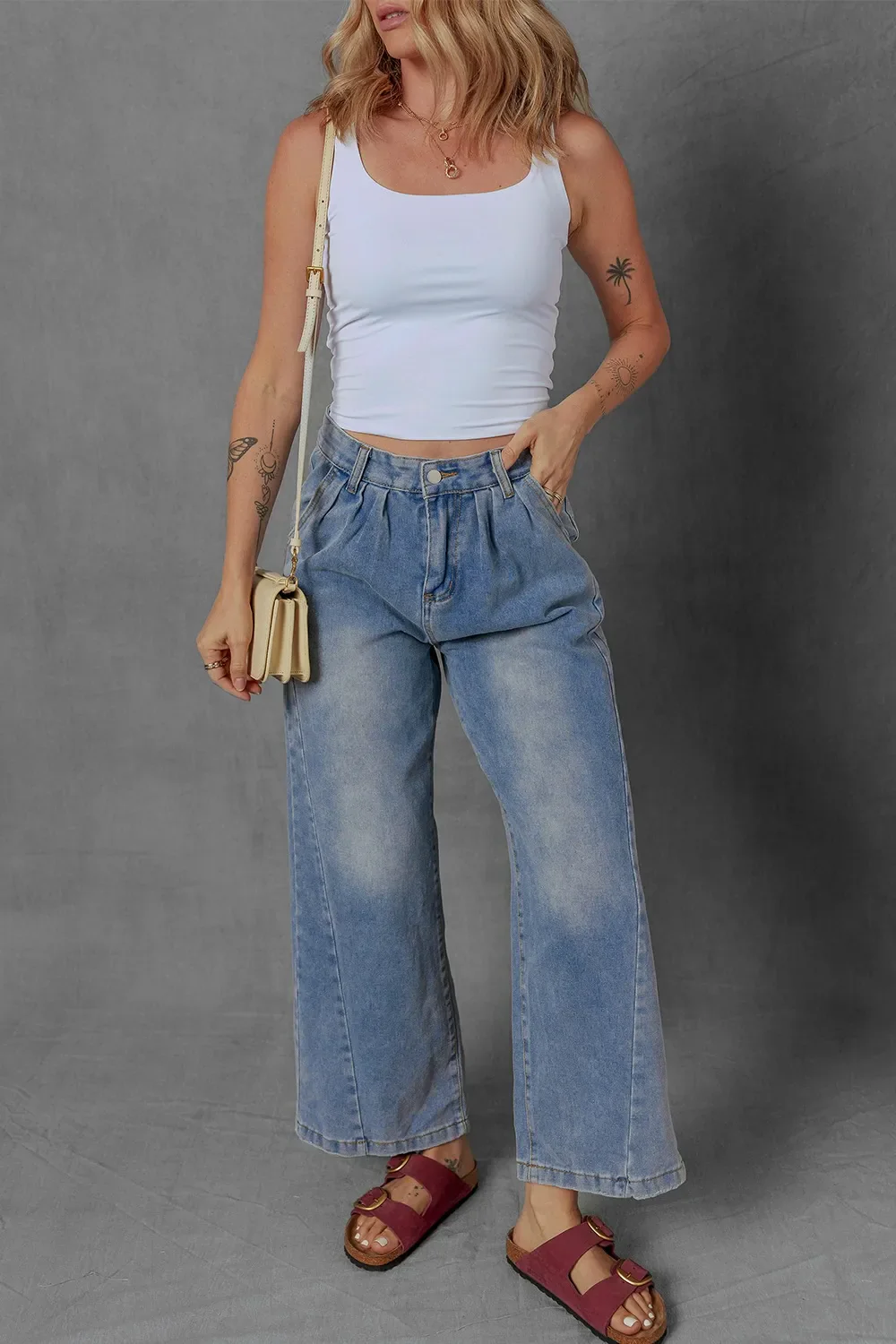 High-Waist Wide Leg Pleated Denim Jeans - Image 4