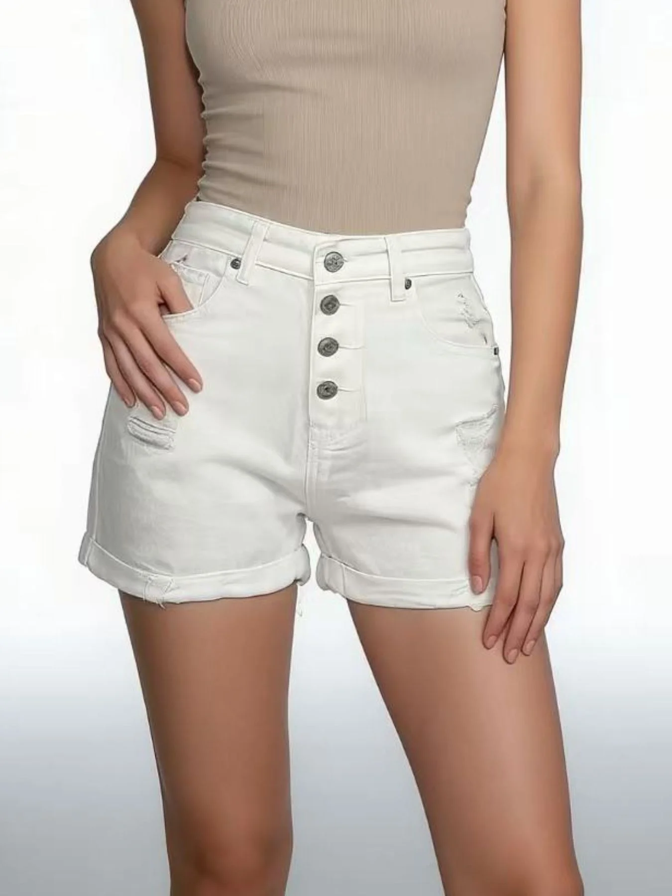 High-Waisted Button-Fly Distressed Denim Shorts - Image 2