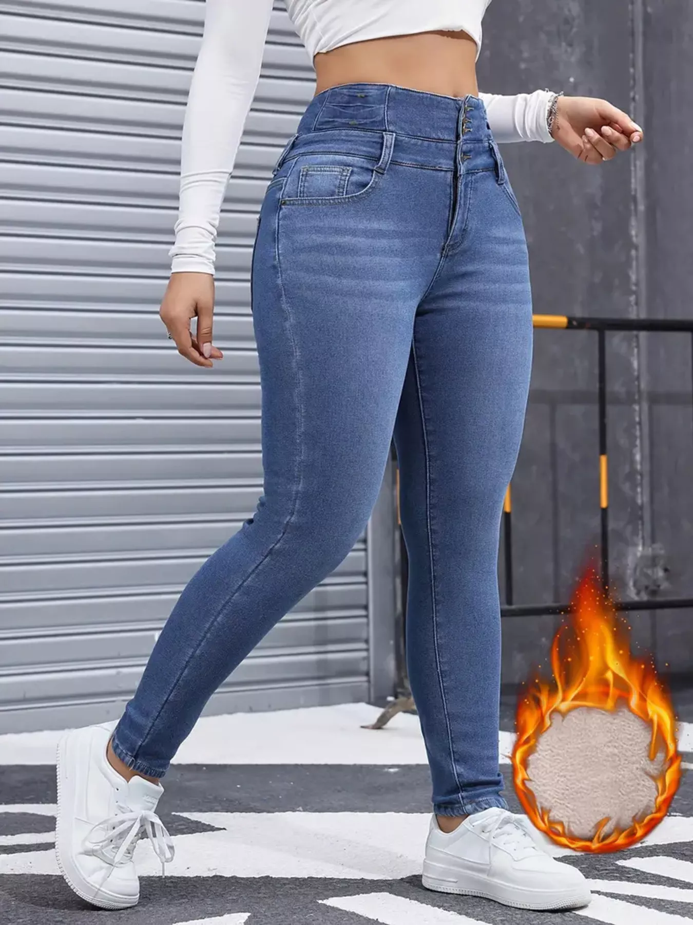 High-Waisted Slim Fit Fleece-Lined Jeans - Image 3