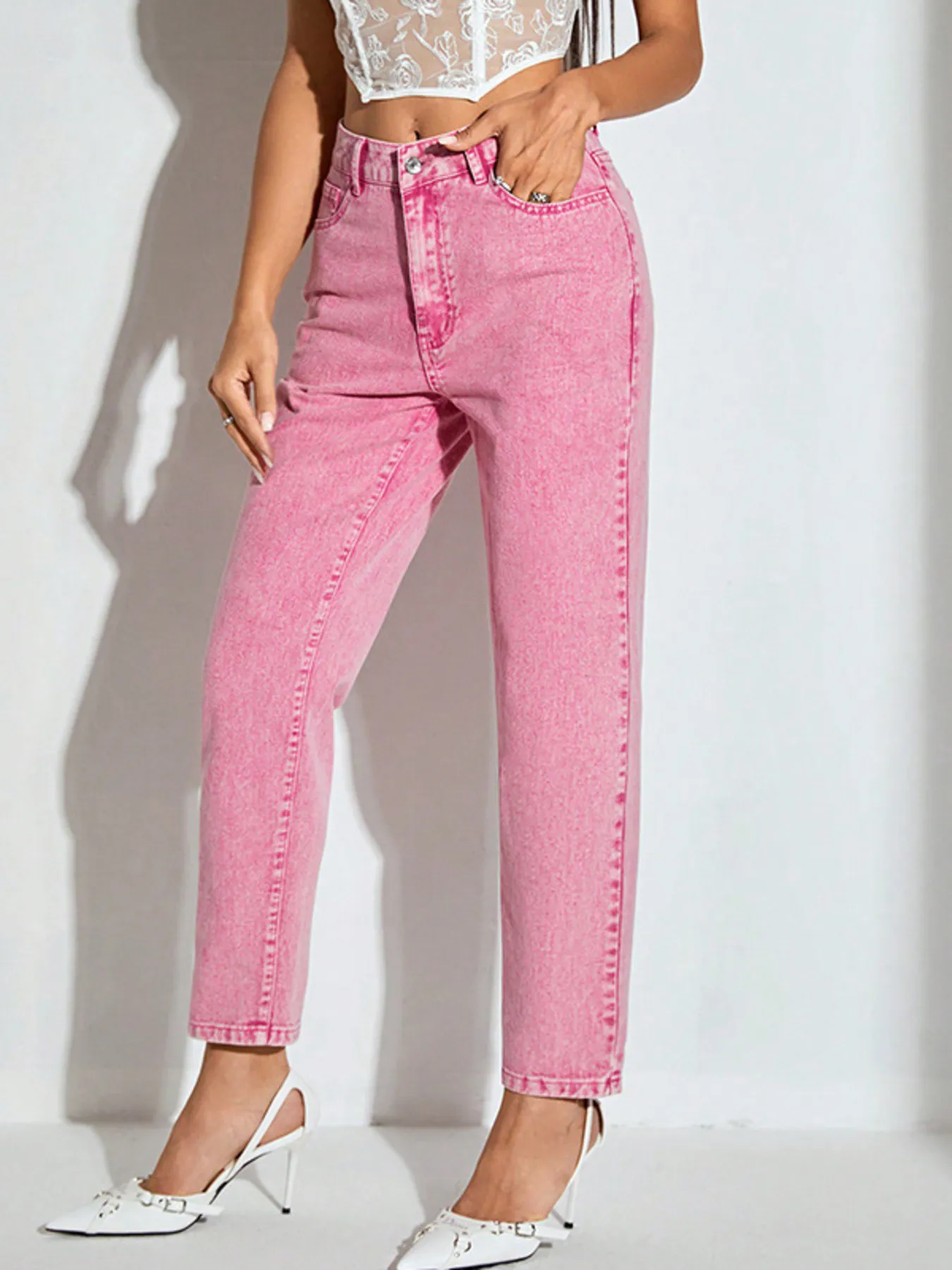 High-Waisted Wash Straight Leg Jeans - Image 4