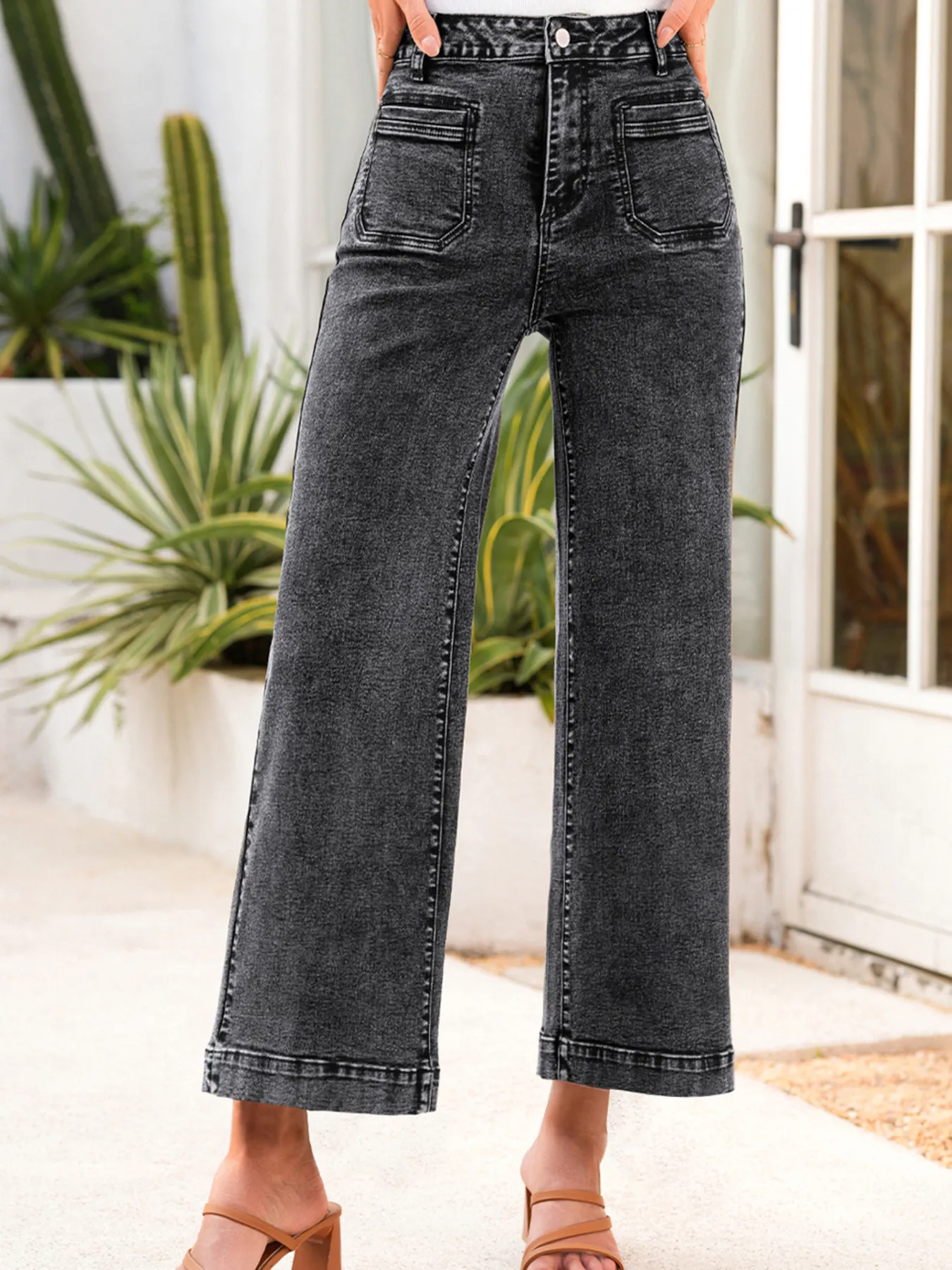High-Waisted Wide Leg Washed Jeans - Image 2