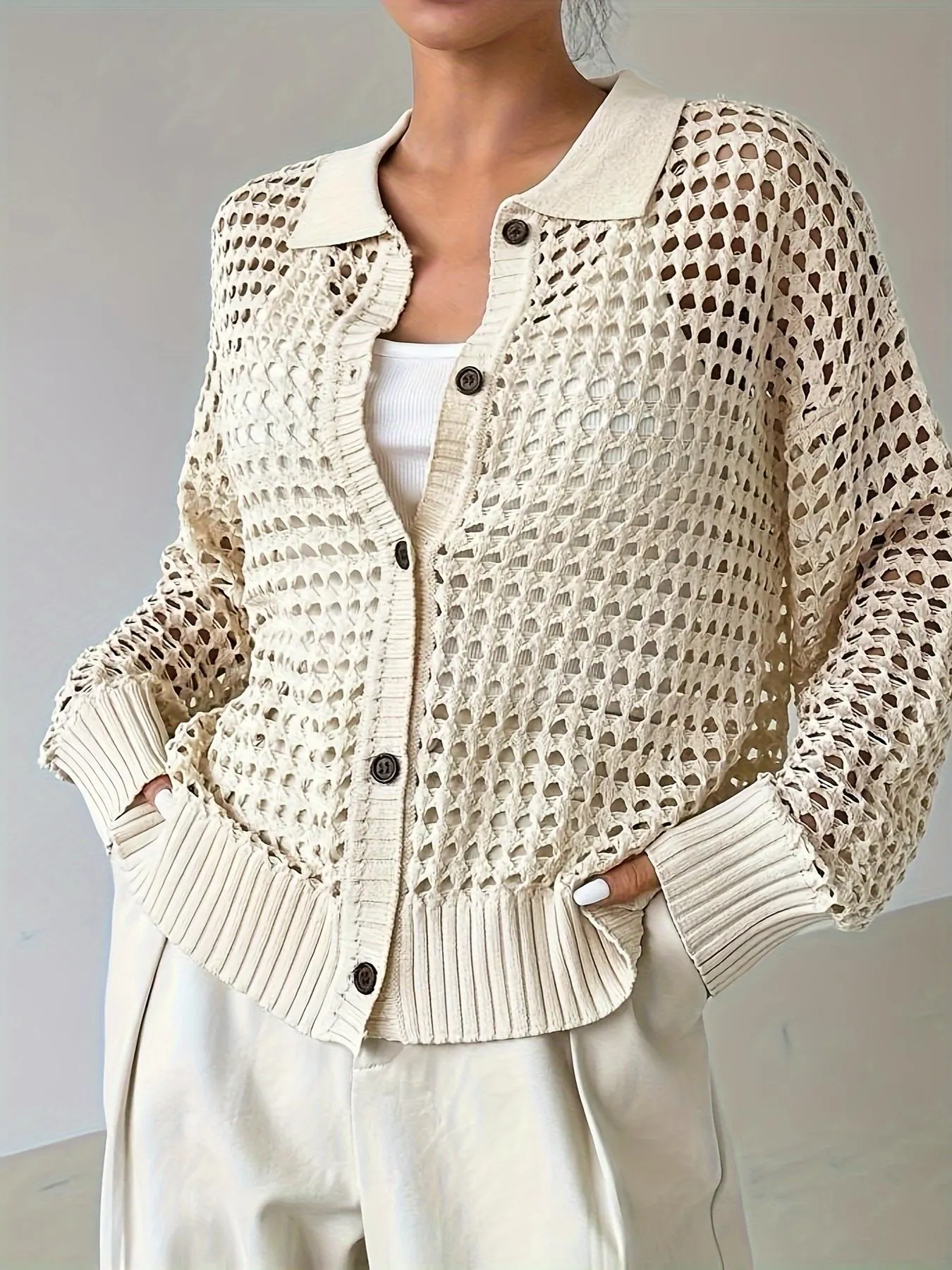 Hollow Out Knit Button Front Cardigan - Image 4