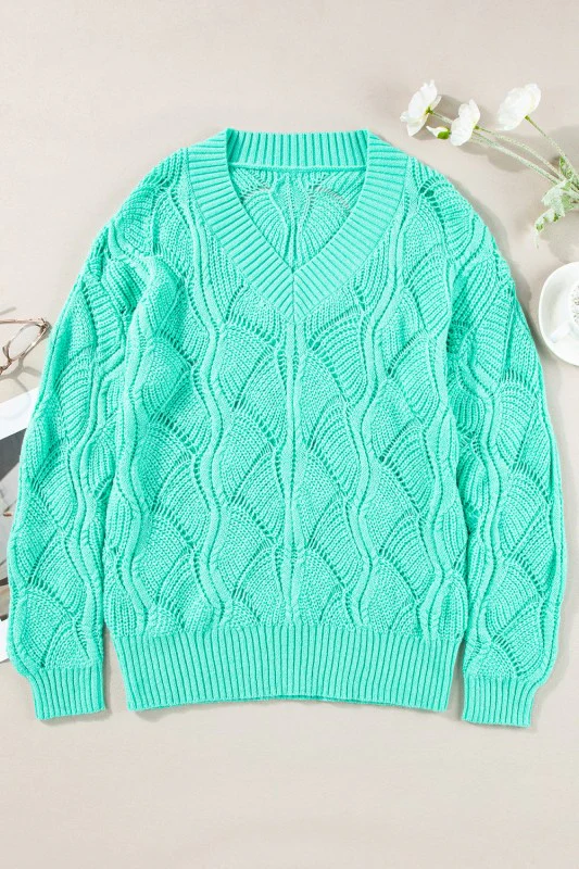 Hollow-Out Knit V-Neck Drop Shoulder Sweater - Image 6