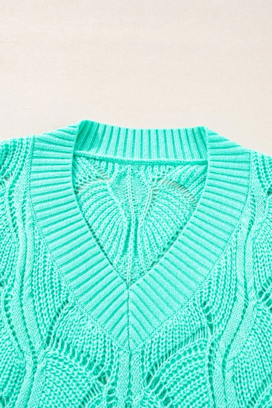 Hollow-Out Knit V-Neck Drop Shoulder Sweater - Image 8