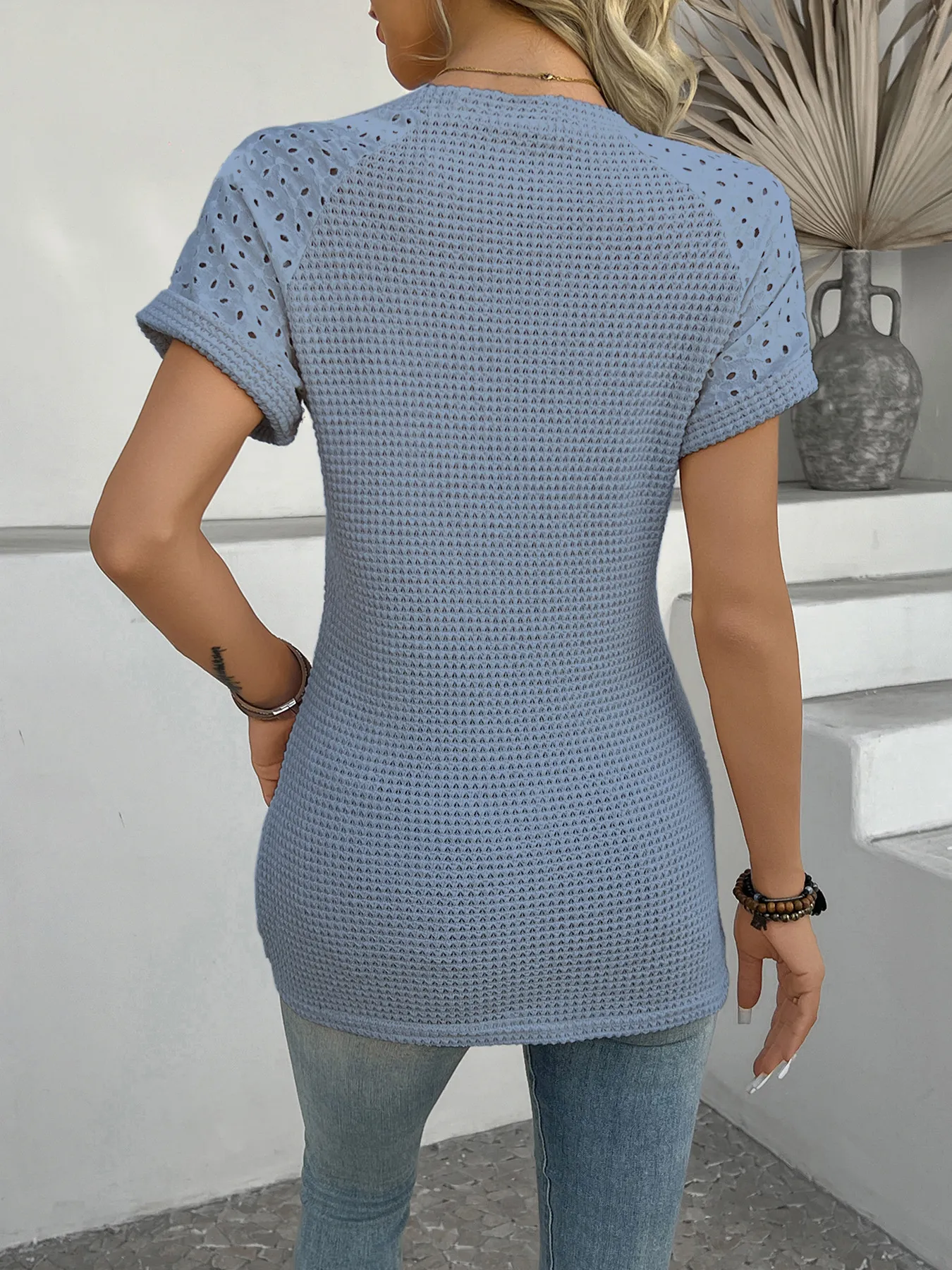 Hollow Out Waffle Knit Short Sleeve T-Shirt - Image 12