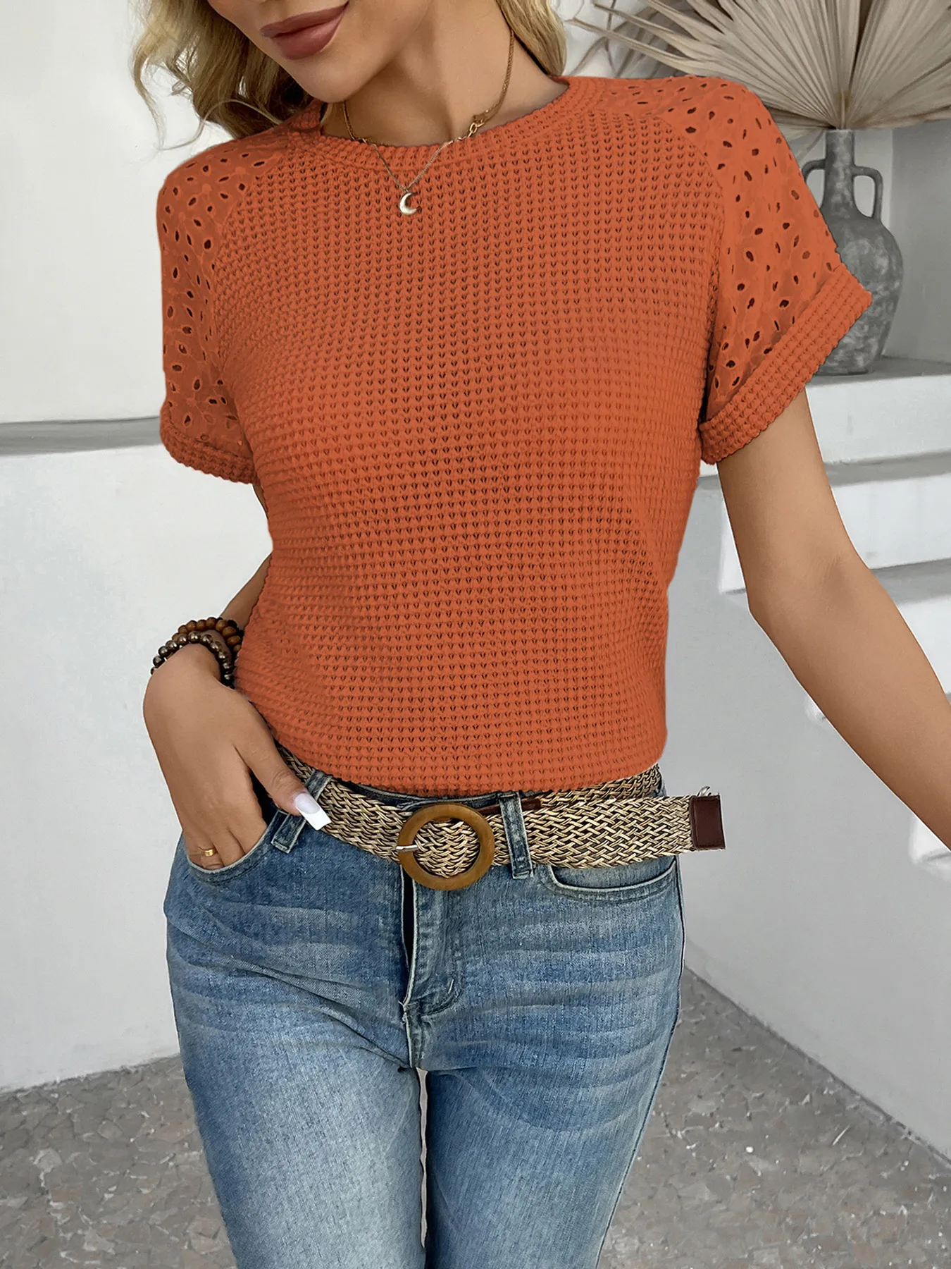 Hollow Out Waffle Knit Short Sleeve T-Shirt - Image 26