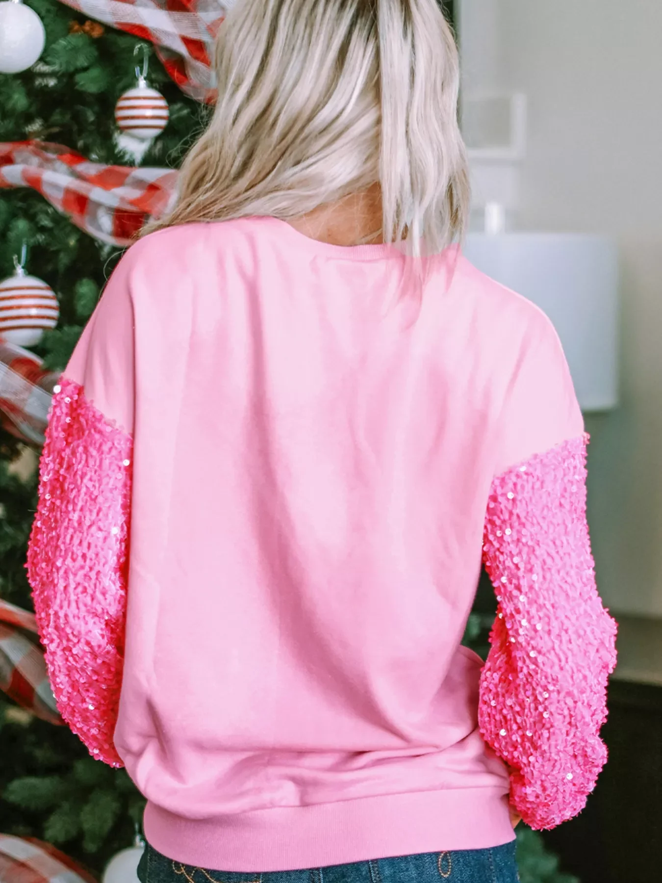 Holly Jolly Sequin Letter Drop Shoulder Long Sleeve Top - Image 3