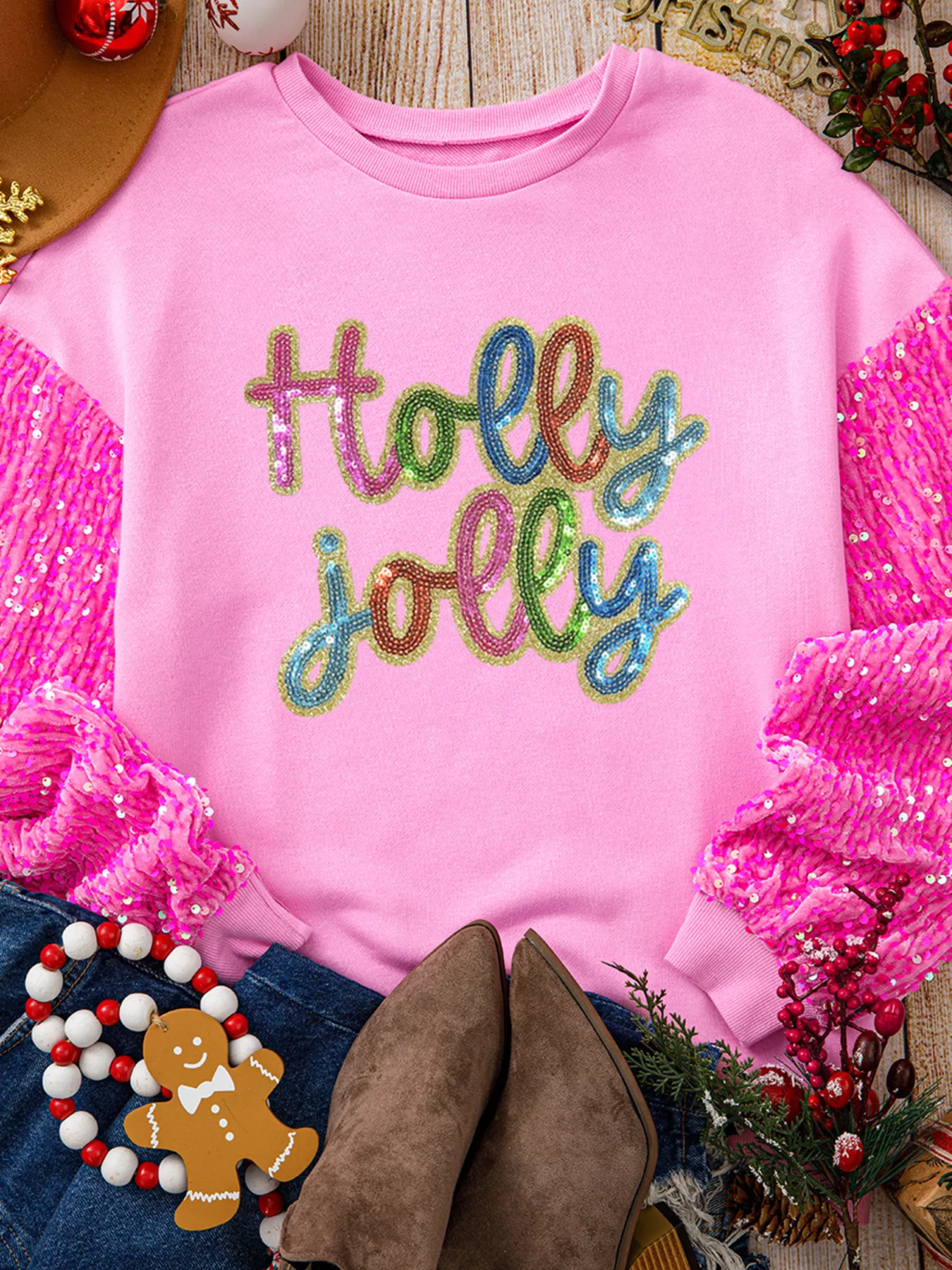 Holly Jolly Sequin Letter Drop Shoulder Long Sleeve Top - Image 4