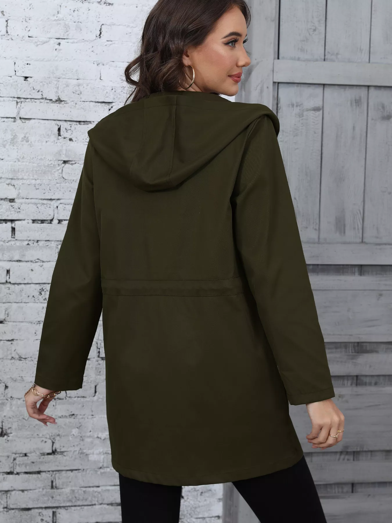 Hooded Drawstring Waist Casual Outerwear - Image 2