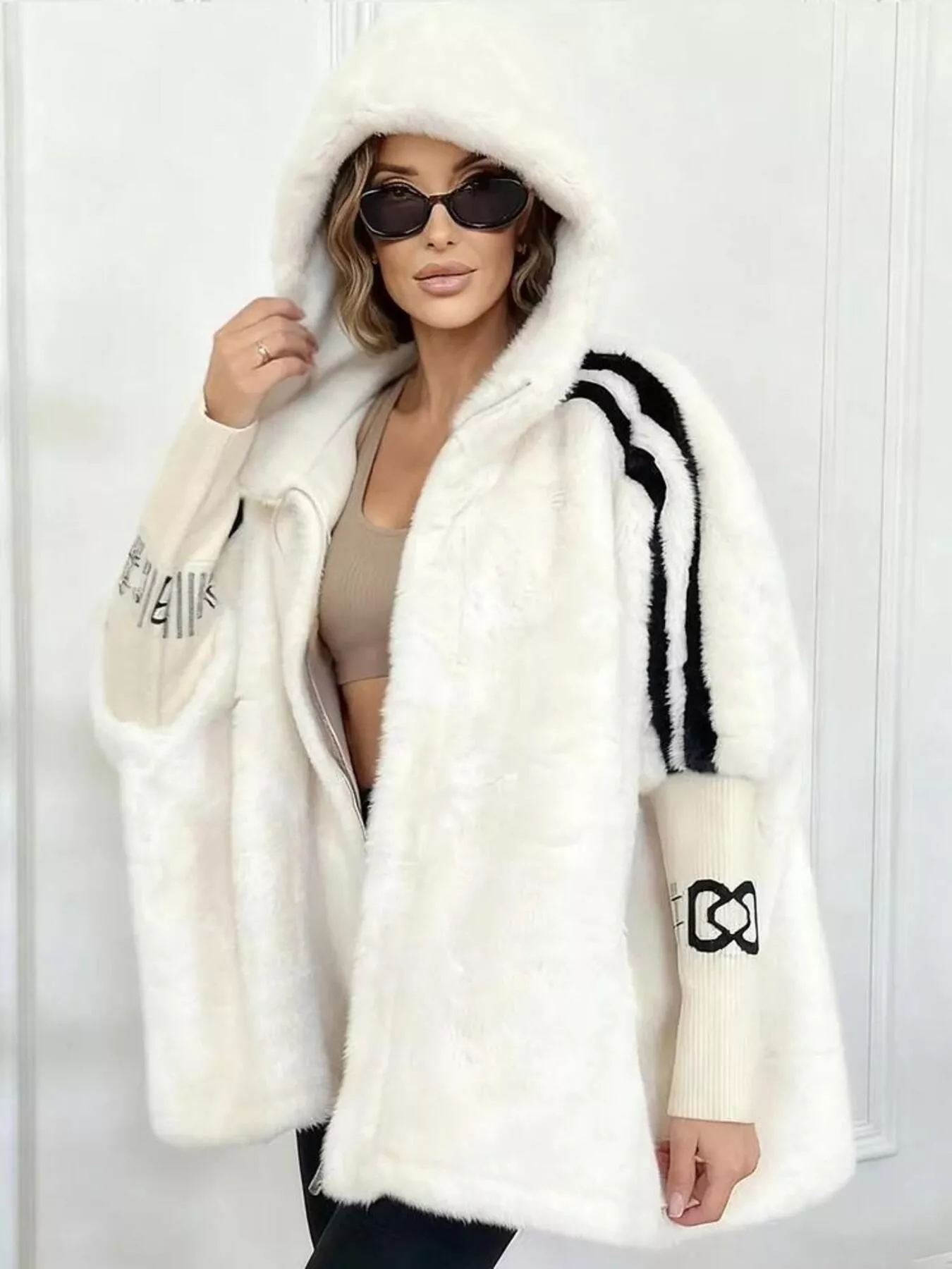 Hooded Faux Fur Striped Trim Outerwear - Image 10