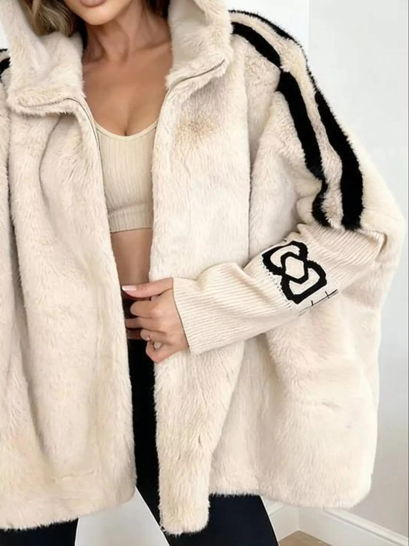Hooded Faux Fur Striped Trim Outerwear - Image 2
