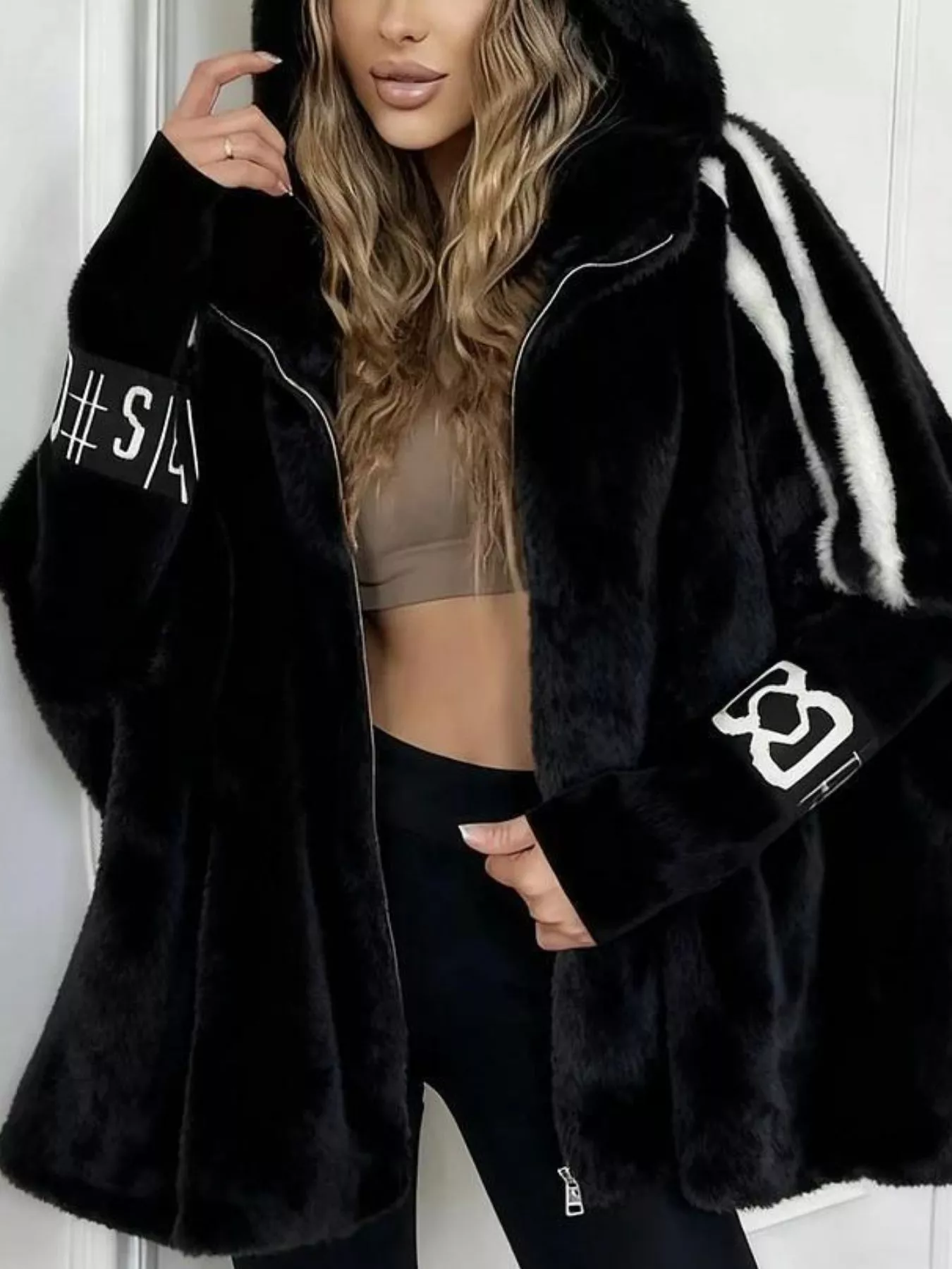 Hooded Faux Fur Striped Trim Outerwear - Image 4