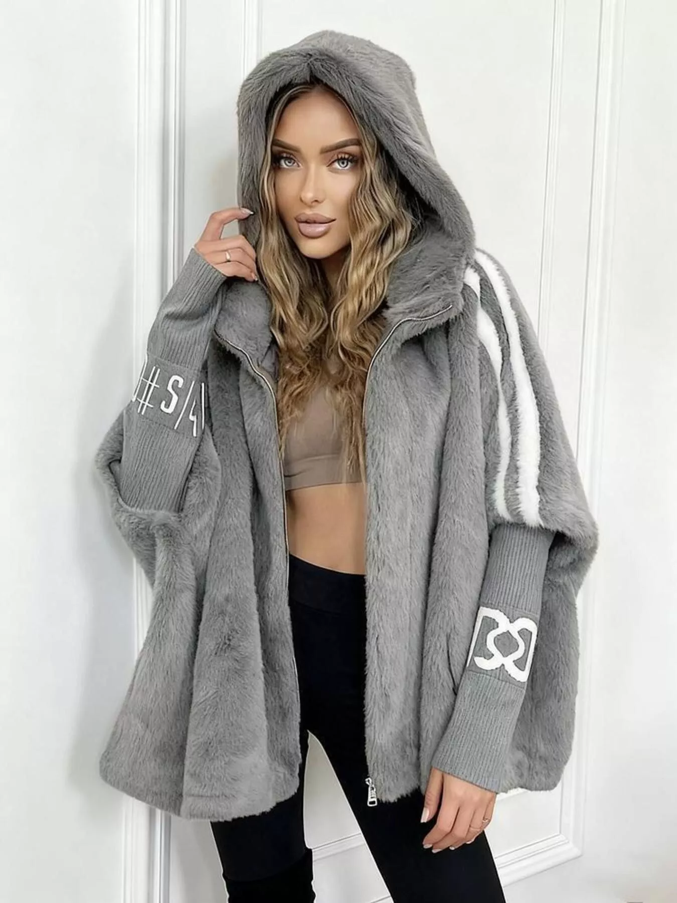 Hooded Faux Fur Striped Trim Outerwear - Image 5
