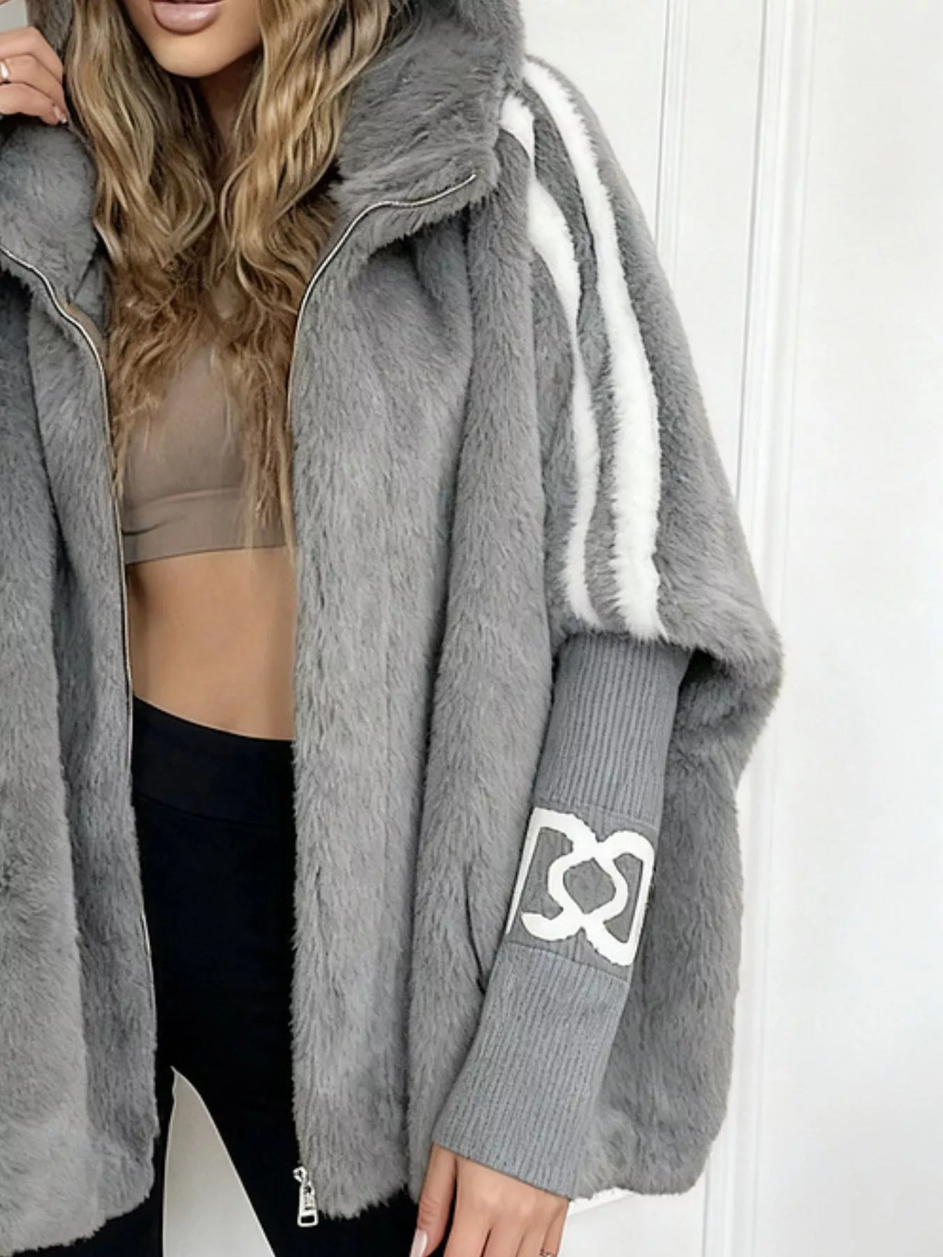Hooded Faux Fur Striped Trim Outerwear - Image 7