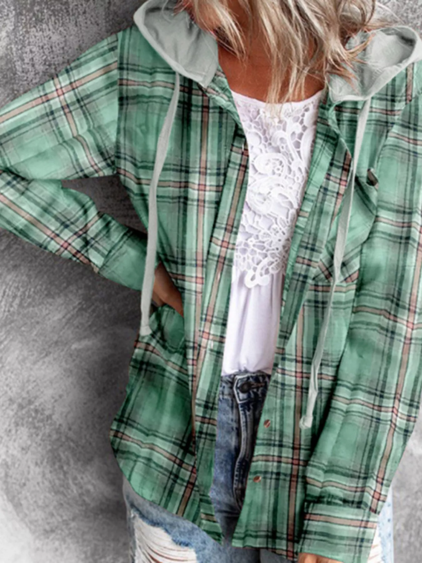 Hooded Plaid Button-Up Shirt - Image 12