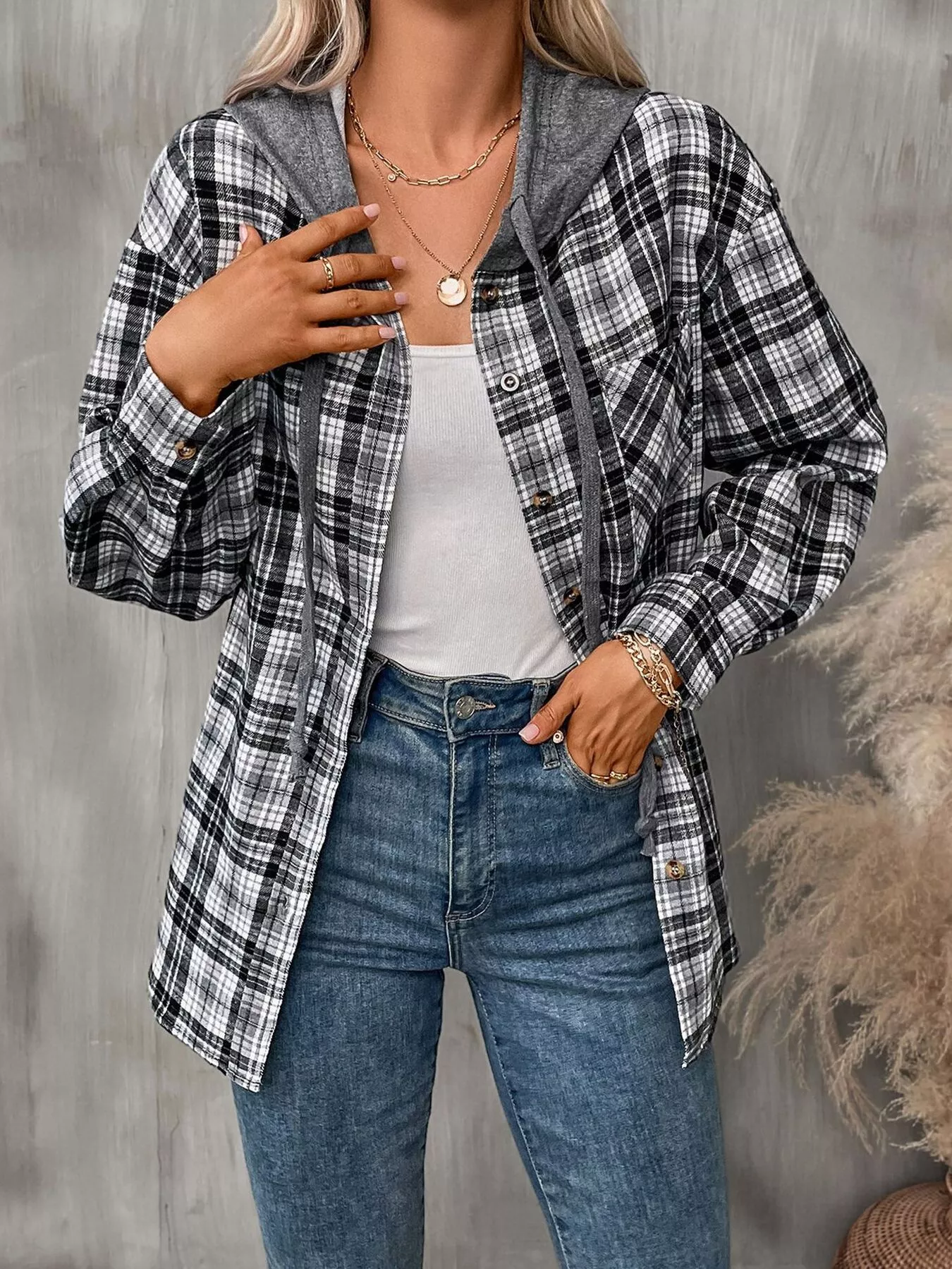 Hooded Plaid Button-Up Shirt - Image 2