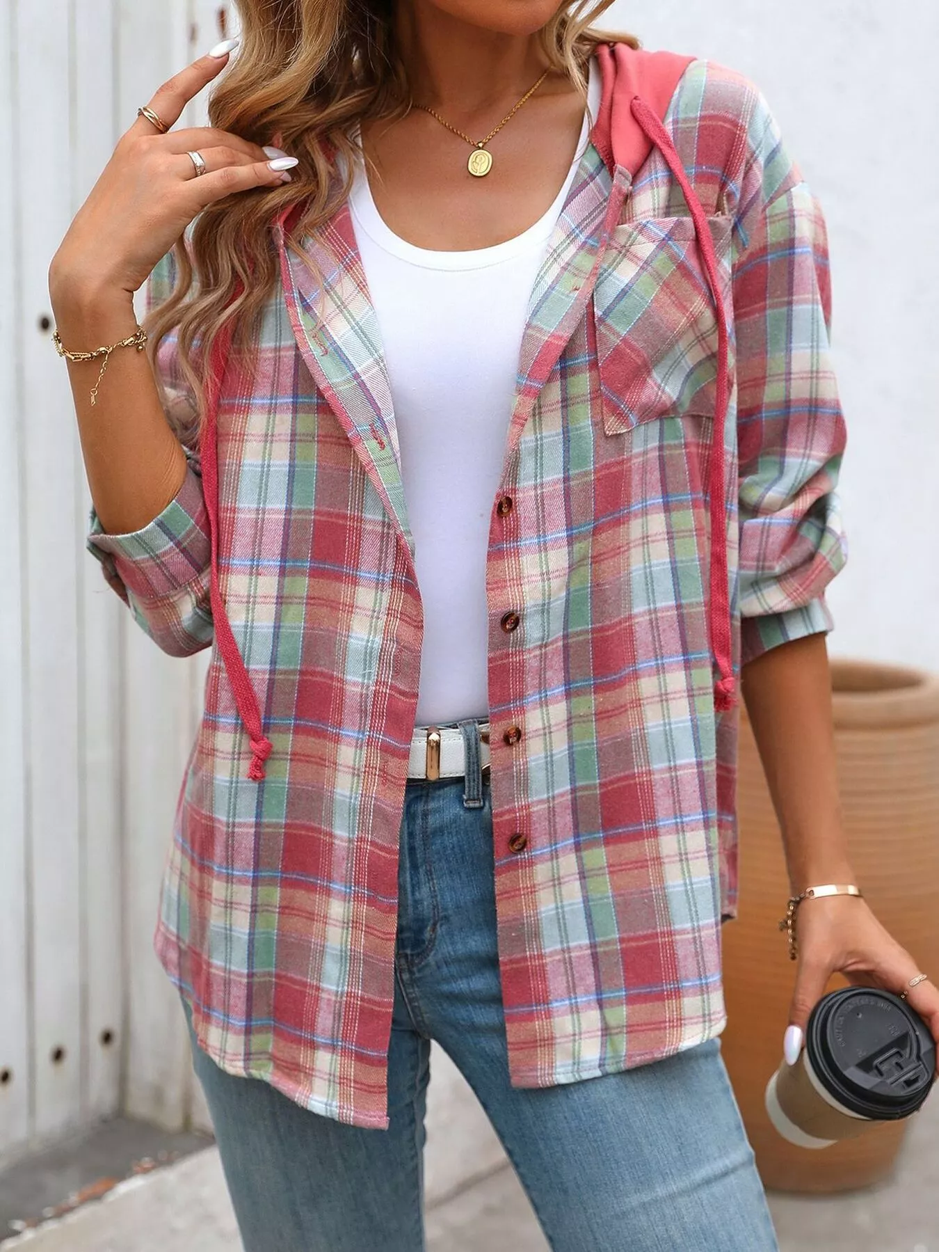 Hooded Plaid Button-Up Shirt - Image 24