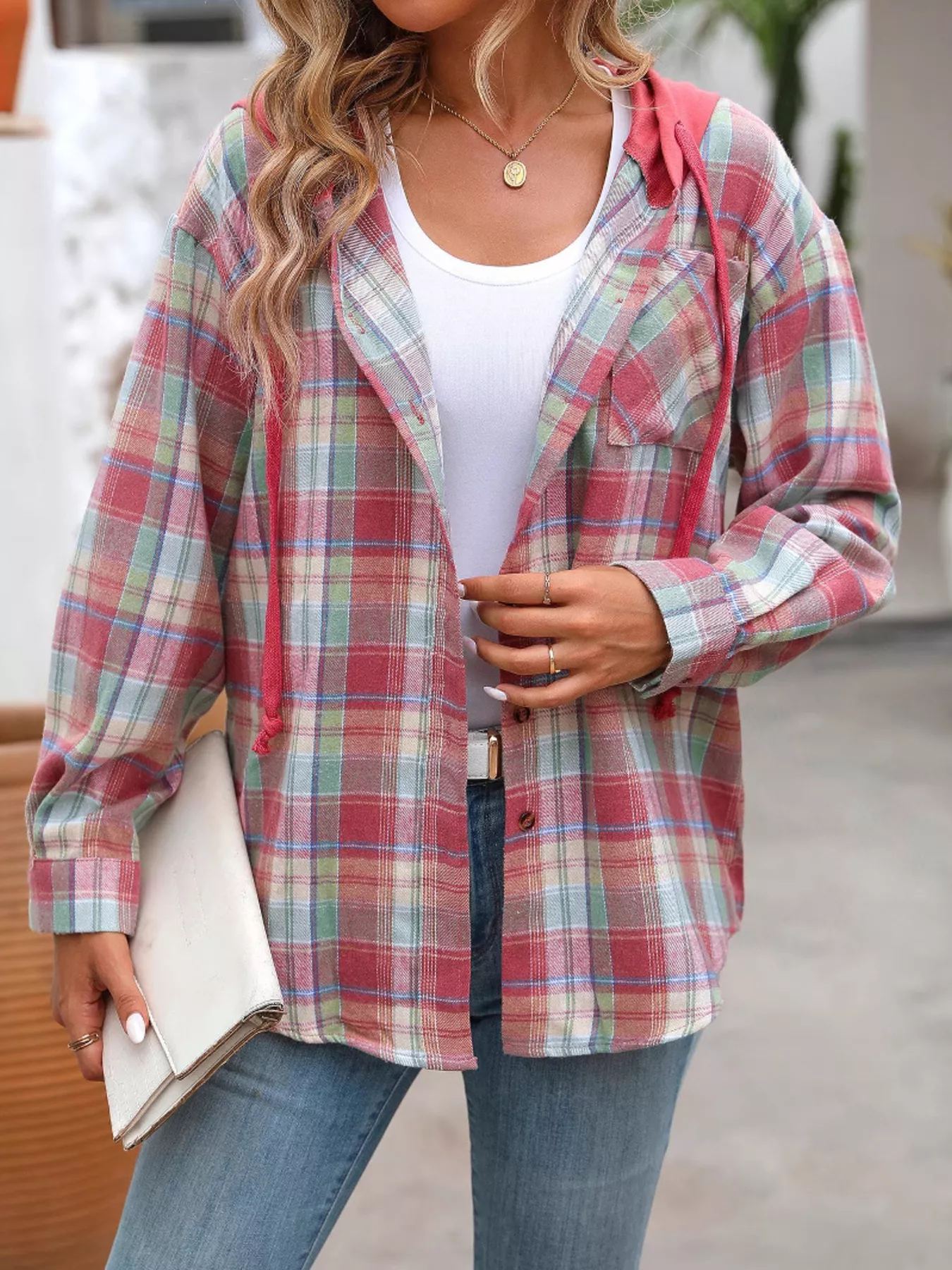 Hooded Plaid Button-Up Shirt - Image 26