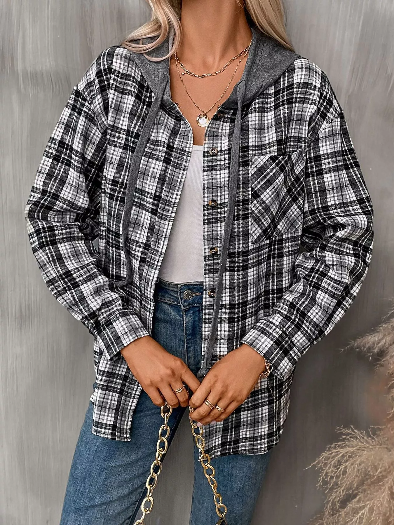 Hooded Plaid Button-Up Shirt - Image 3
