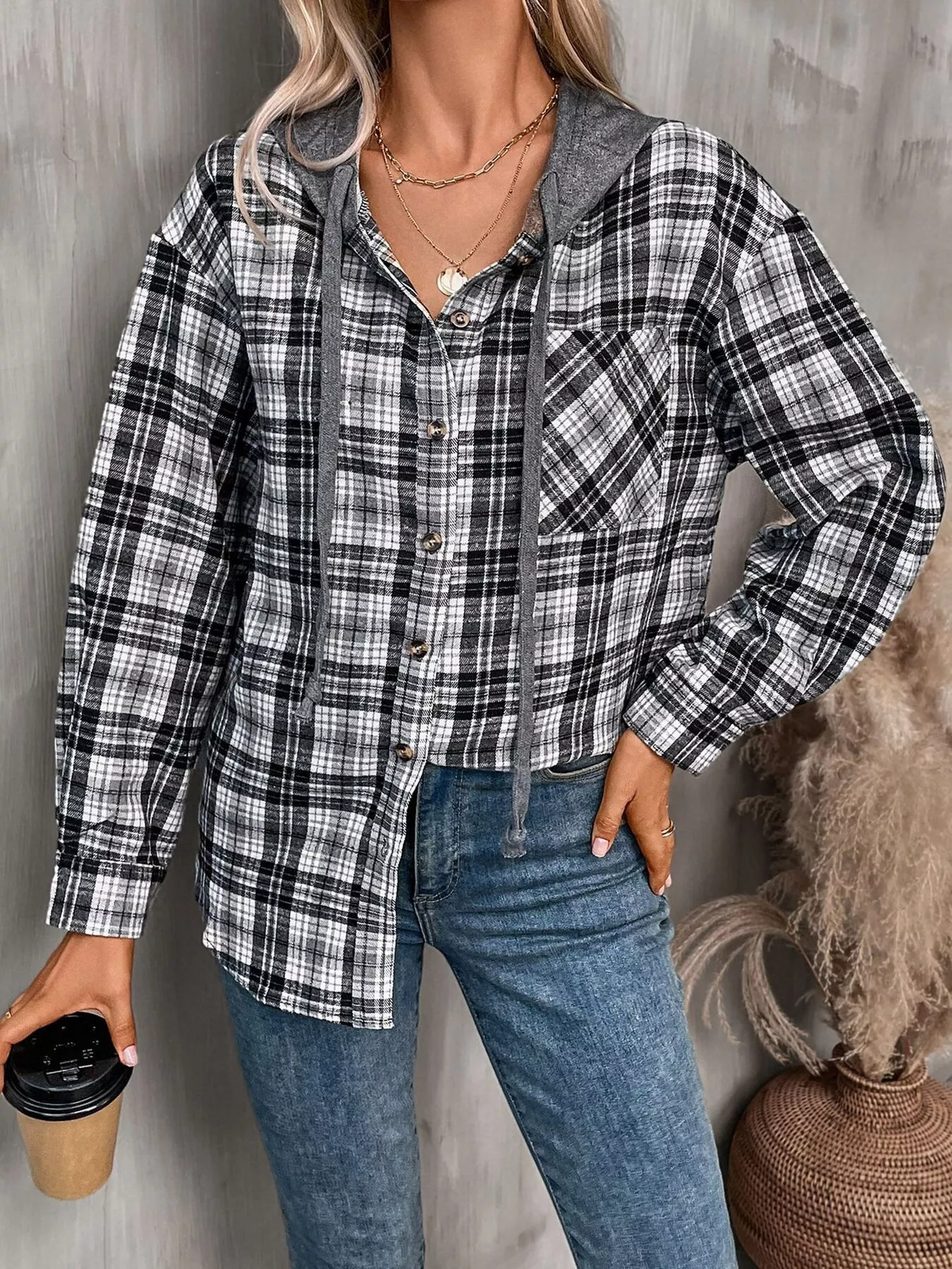 Hooded Plaid Button-Up Shirt - Image 4