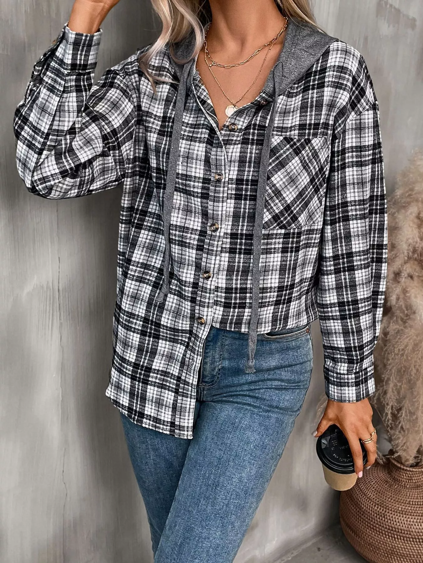 Hooded Plaid Button-Up Shirt - Image 5