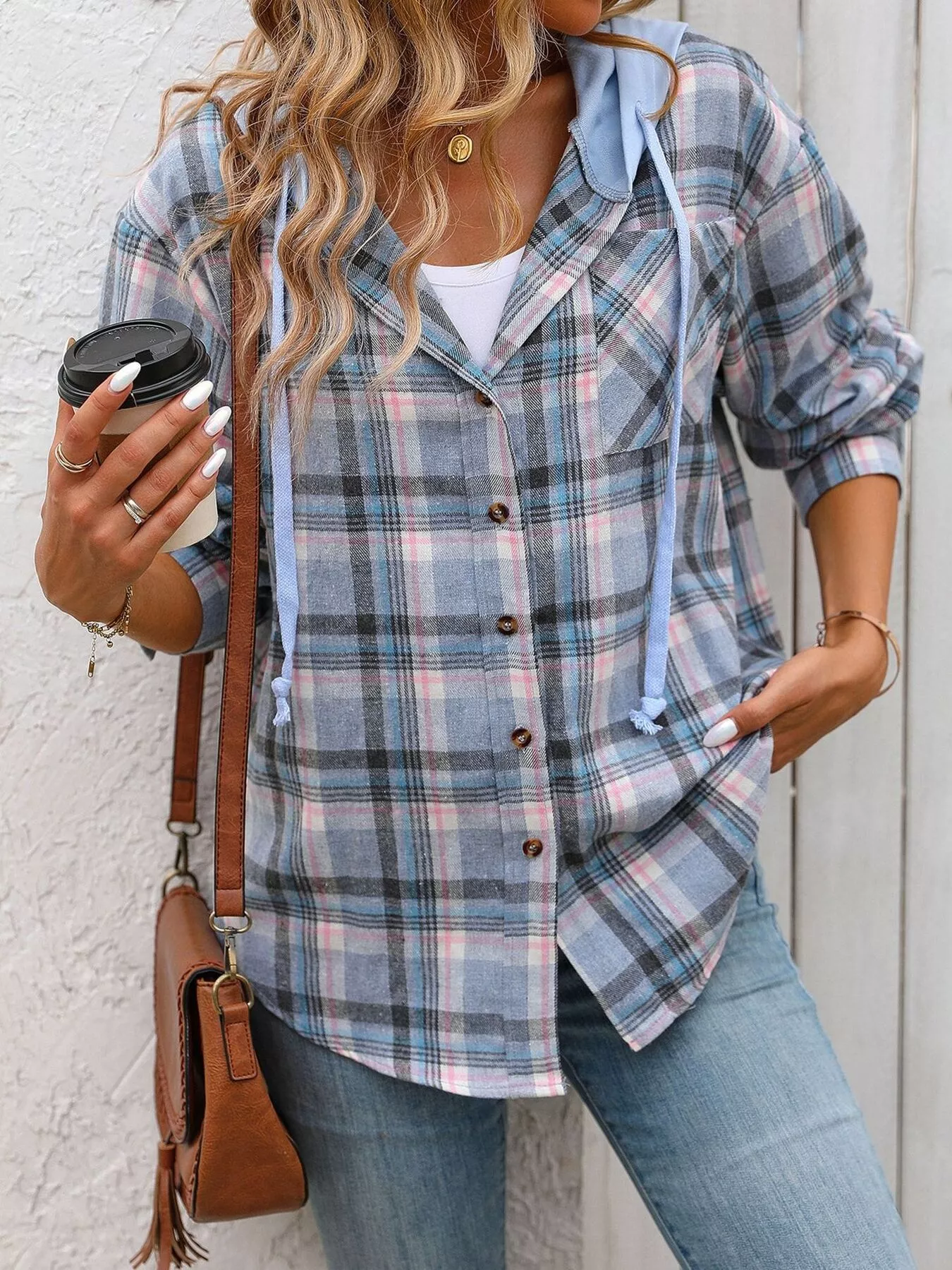 Hooded Plaid Button-Up Shirt - Image 7