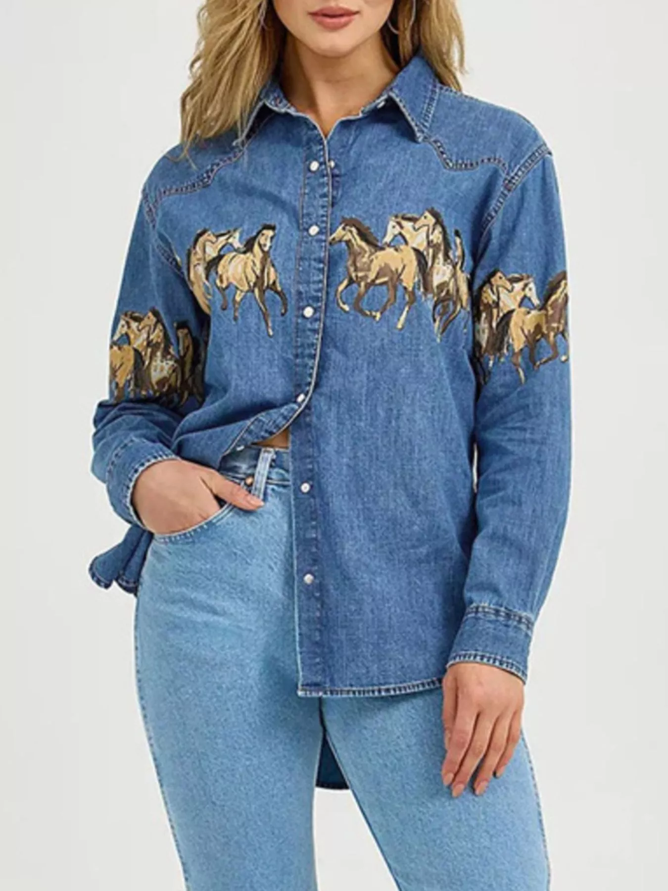 Horse Print Long Sleeve Denim Shirt - Image 4