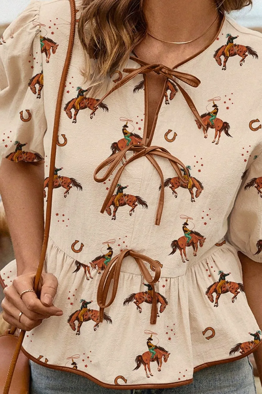 Horse Print Tie-Front Peplum Blouse - Image 3