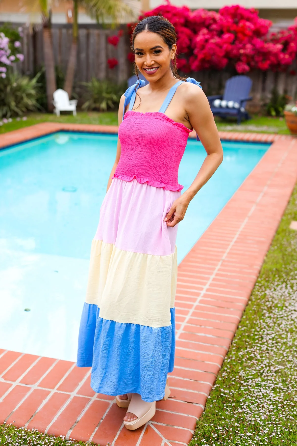 Vacay Vibes Hot Pink & Blue Smocked Color Block Maxi Dress - Image 15