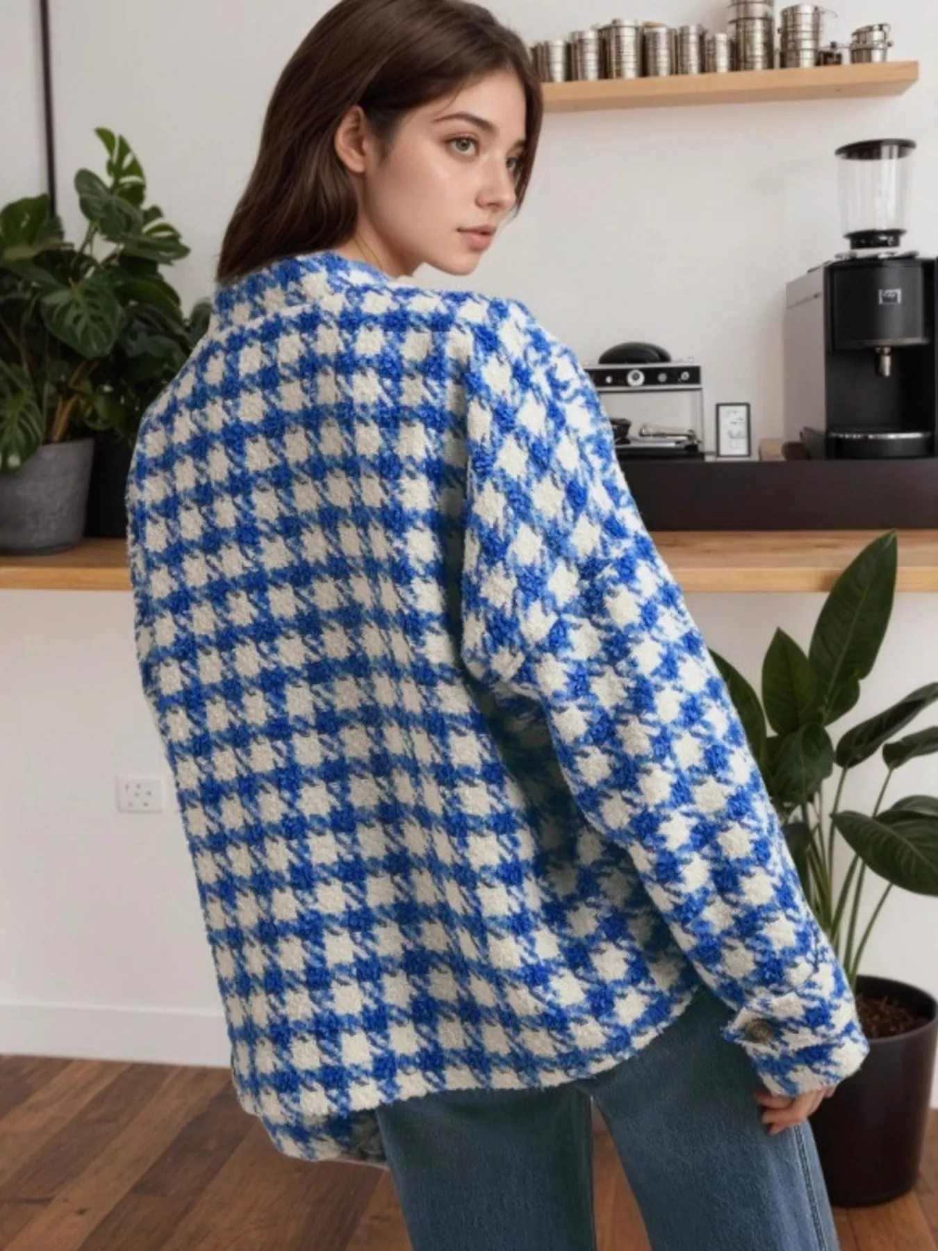 Houndstooth Button Up Long Sleeve Jacket - Image 2