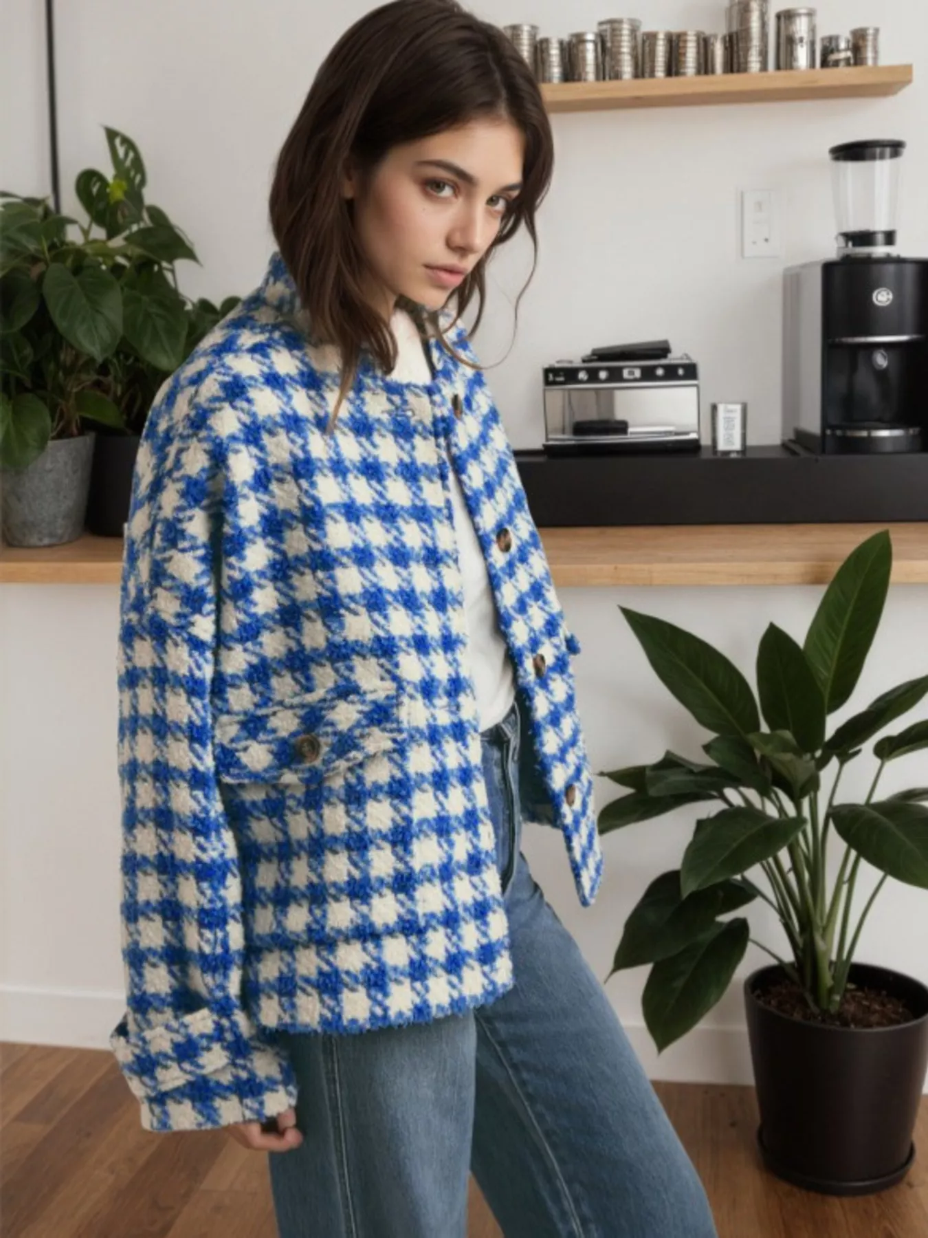 Houndstooth Button Up Long Sleeve Jacket - Image 3