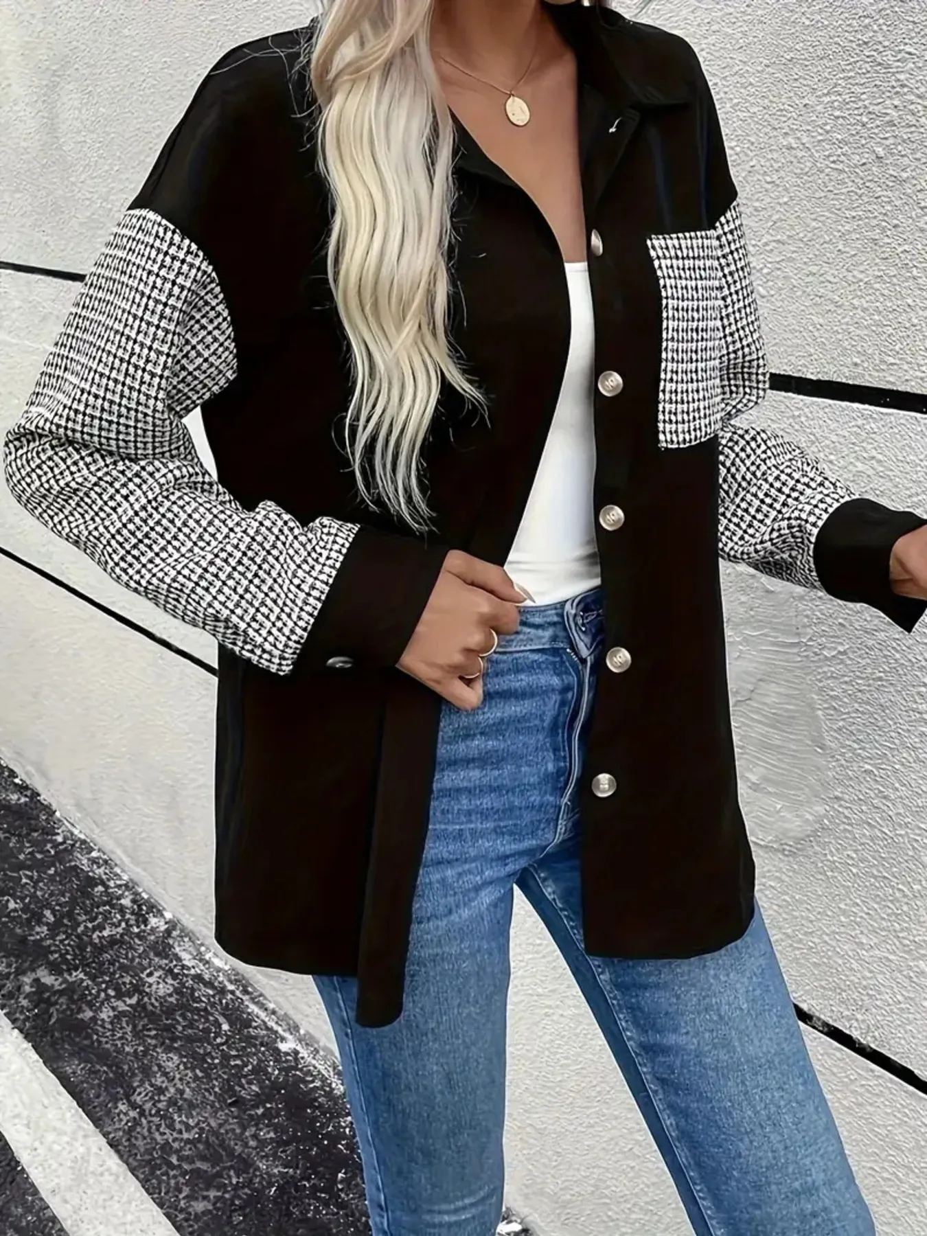 Houndstooth Contrast Button-Up Oversized Jacket - Image 2