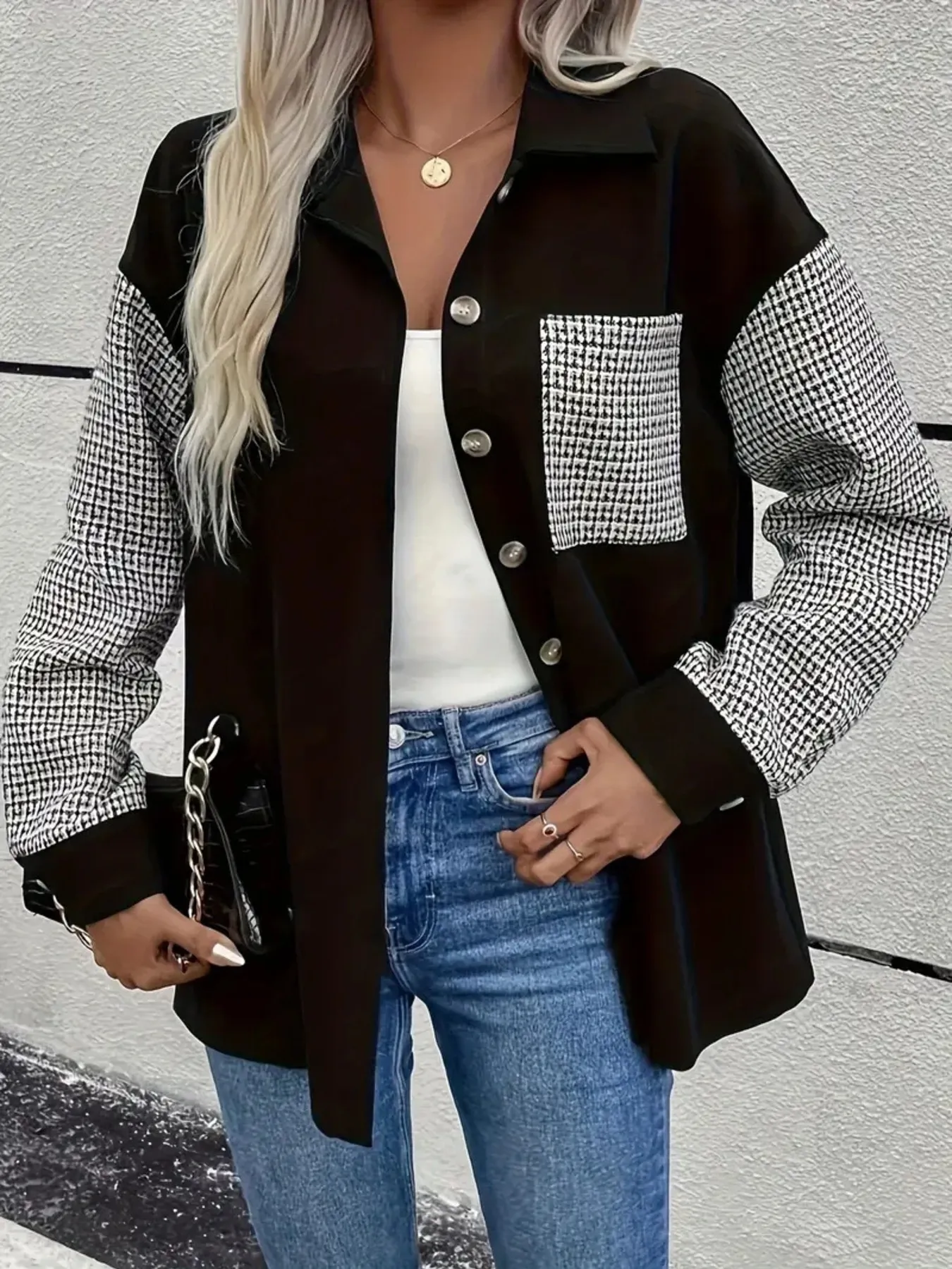 Houndstooth Contrast Button-Up Oversized Jacket - Image 3