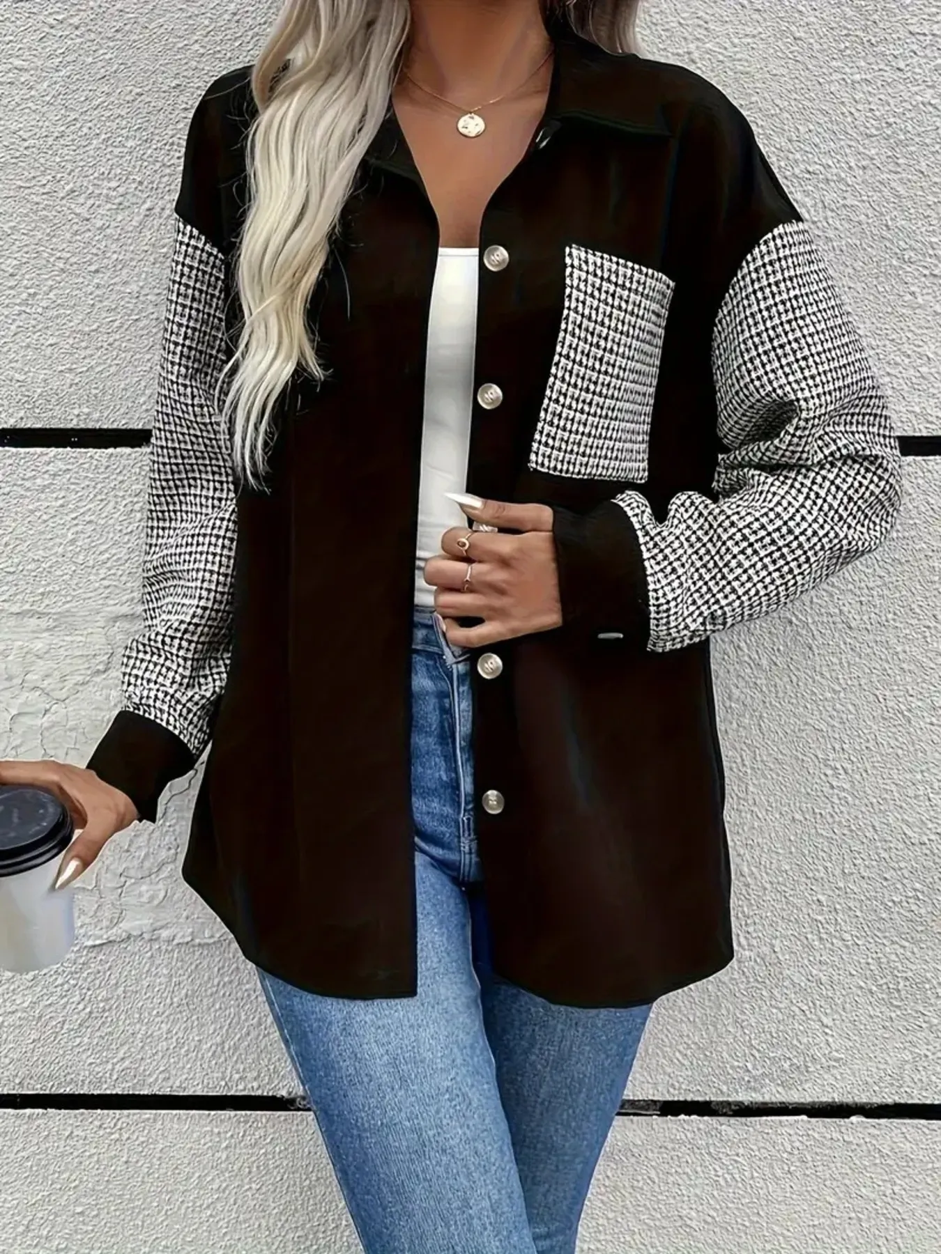 Houndstooth Contrast Button-Up Oversized Jacket - Image 6